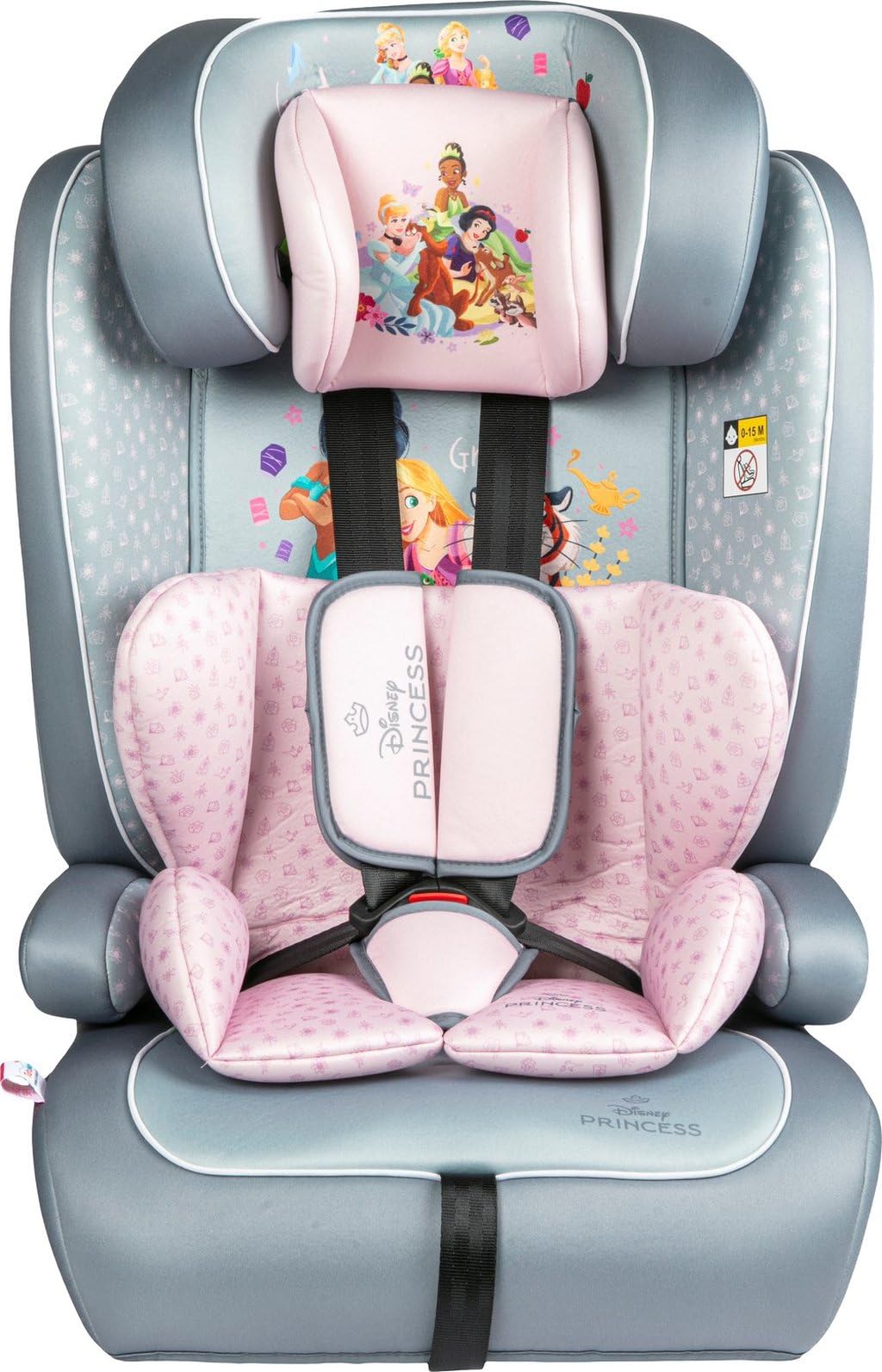 Disney Princesses I-Size R129 Autositz. Kindersitz mit einer Höhe von 76 bis 150 cm. Einstellbare Kopfstütze und Polsterung.