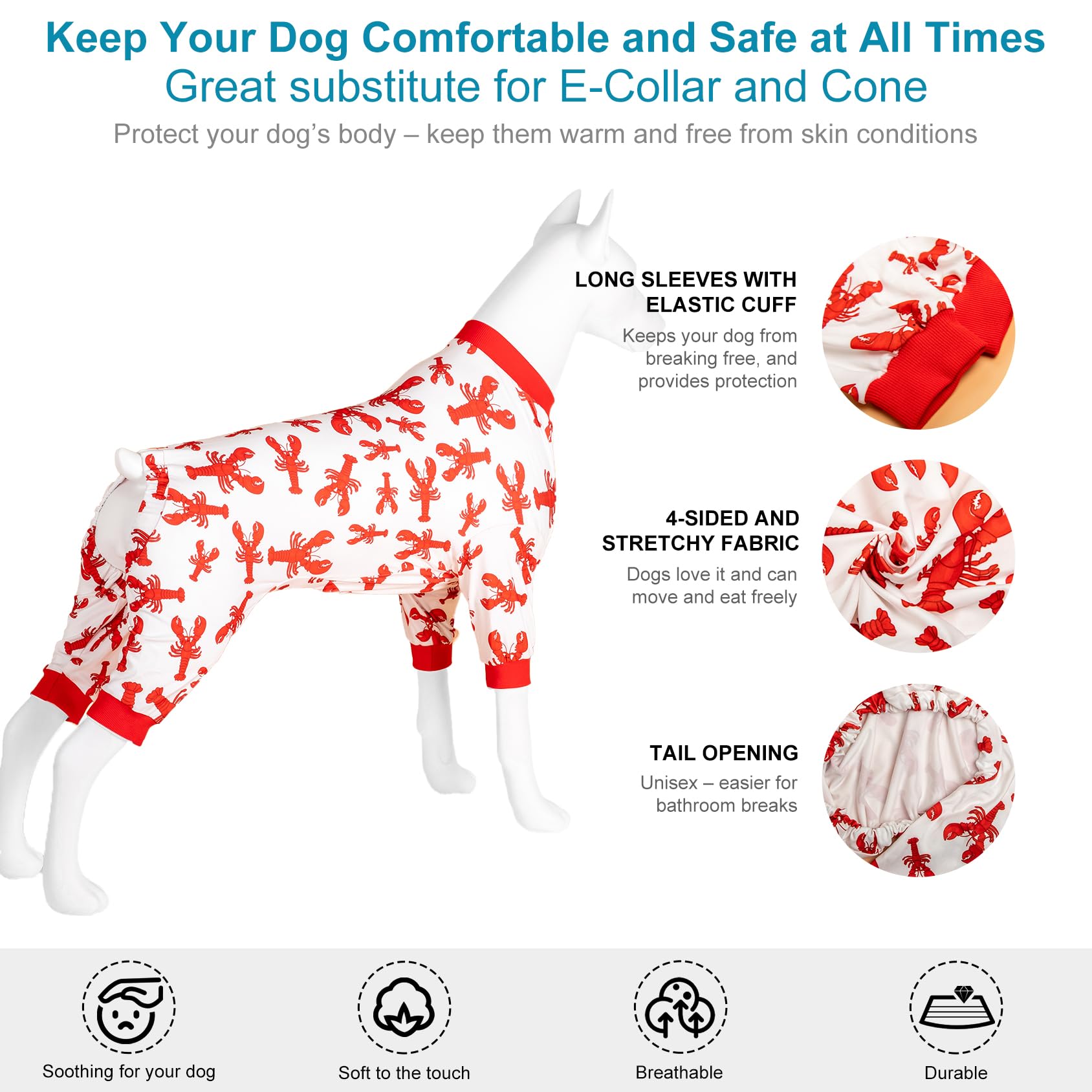 LovinPet Hunde-Body Für Große Hunde – Baumwoll-Pyjama Mit Hummerdruck, Dehnbar & Bequem