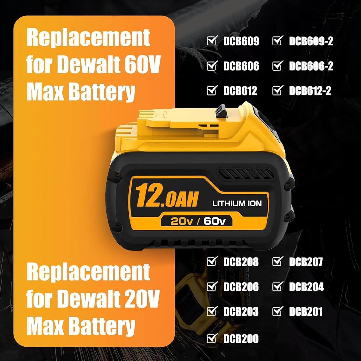 LONG FIT 2PACK 12000mAh 60V MAX Batteries Replace for dewalt 20V/60V Max Battery, Compatible with DeWalt 20v/ 60v Power Tools and Chargers