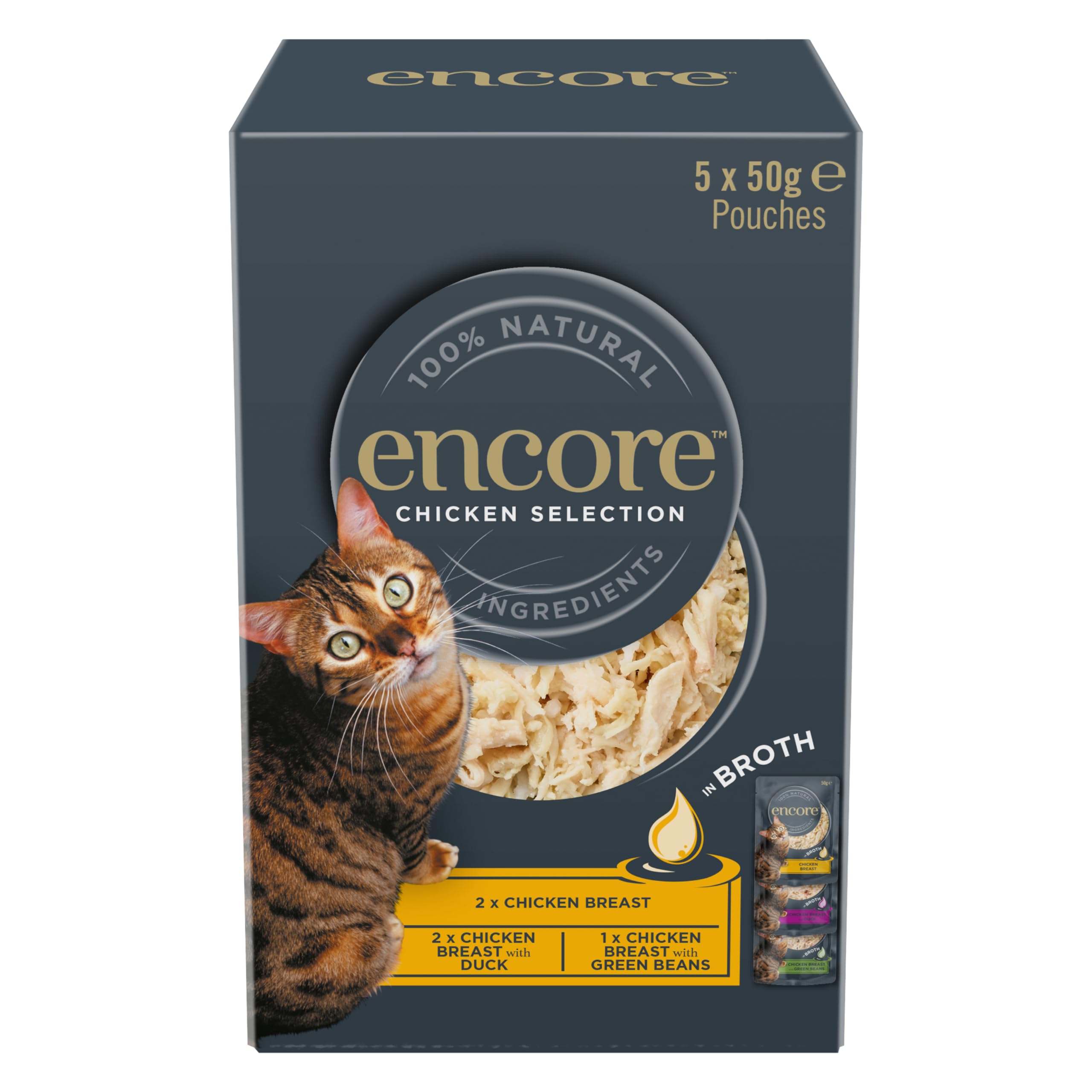 Encore Alimento Umido per Gatti 100% Naturale, Pollo Assortito in Buste da Brodo, 4 x 5 x 50 g (Confezione da 20 Buste)