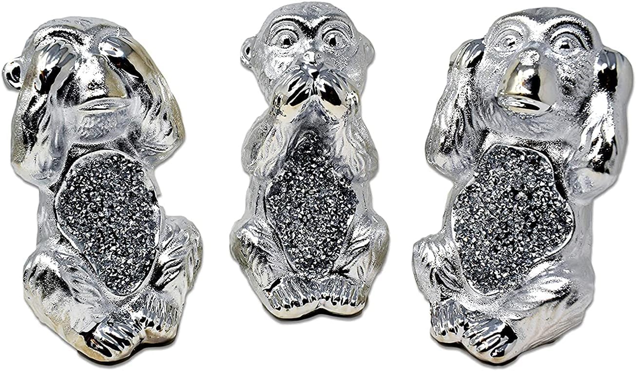 SHABJY Silver Sparkle Ornament Bling Crushed Diamond Gift, Silver Hear-No, See-No, Speak-No Evil Monkeys Animal Statue, 10cm