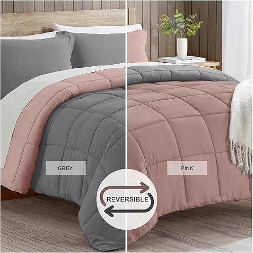 Miniatura 4 de satisomnia Juego de edredón tamaño Queen, edredón rosa tamaño Queen, edredón de cama alternativo de plumón de 3 piezas, ligero, suave y acolchado,