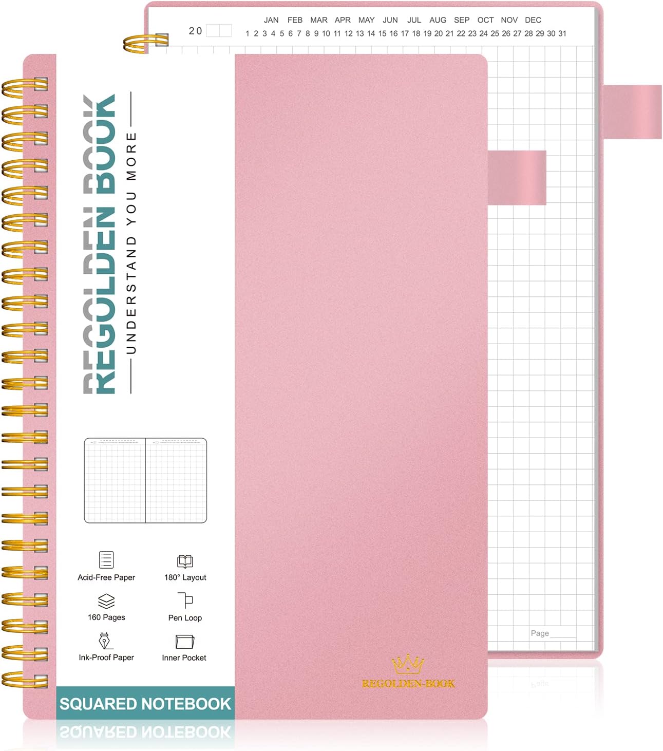 RegoldenBook Undated Spiral Graph Notebook, Medium A5