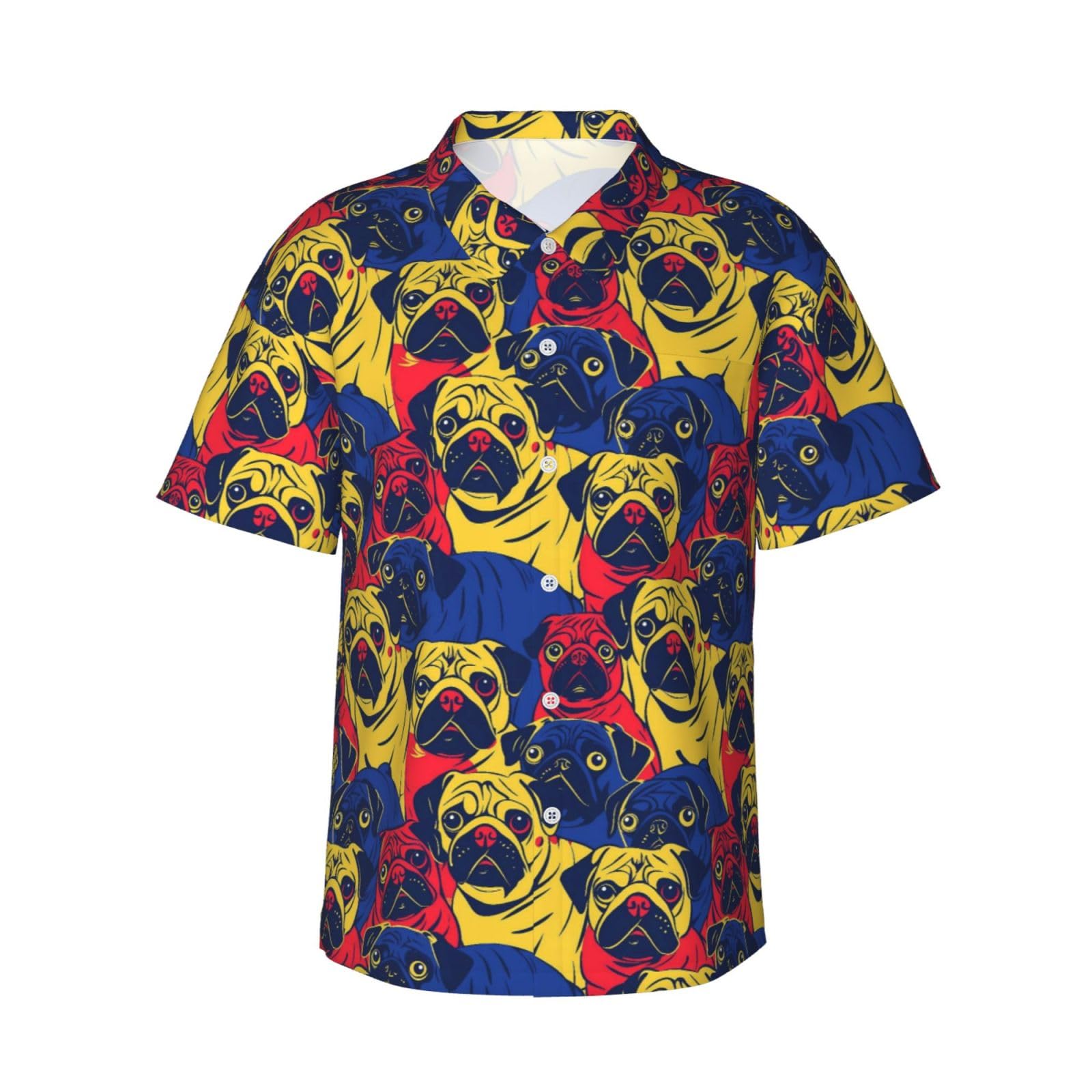 FWJZDSP Funny Pug Print Men's Hawaiian Shirt, Short Sleeve Tropical Floral Button Down Beach Aloha Shirt