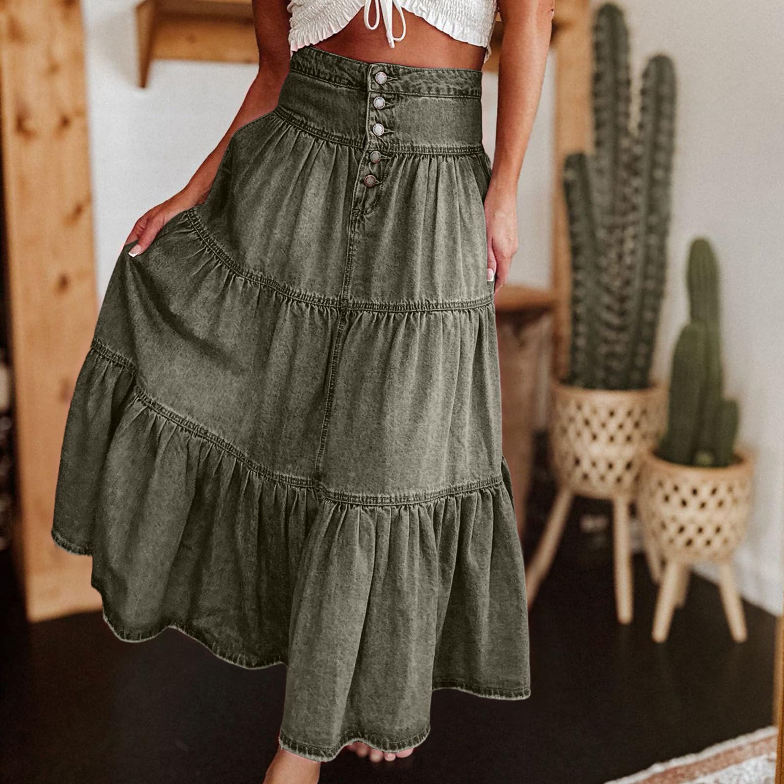 Jupe Longue Femme Taille avec Boutons Chic Sexy Style Décontracté Élégante pour Toutes Saisons