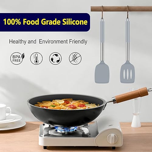 Miniatura 6 de Juego de espátulas de silicona de 2 piezas, espátula sólida y giradora ranurada con cabezales de silicona resistentes al calor y núcleo de acero