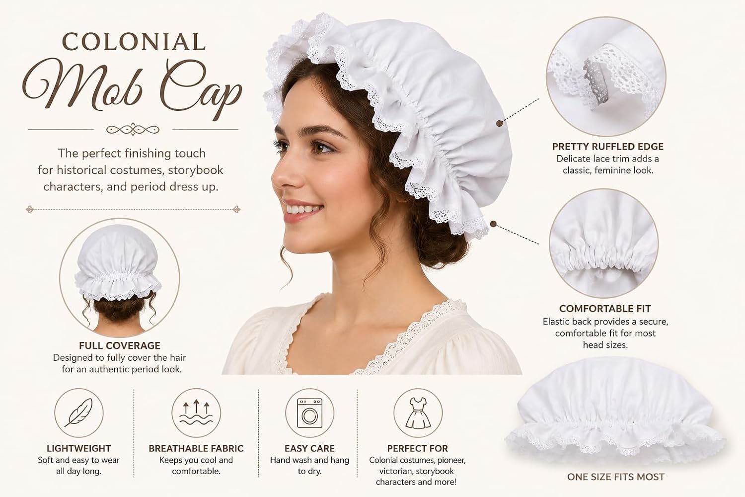 Skeleteen White Mob Cap Bonnet Costume – Colonial Maid Accessory Grandma Hat Nightcap for Women & Girls