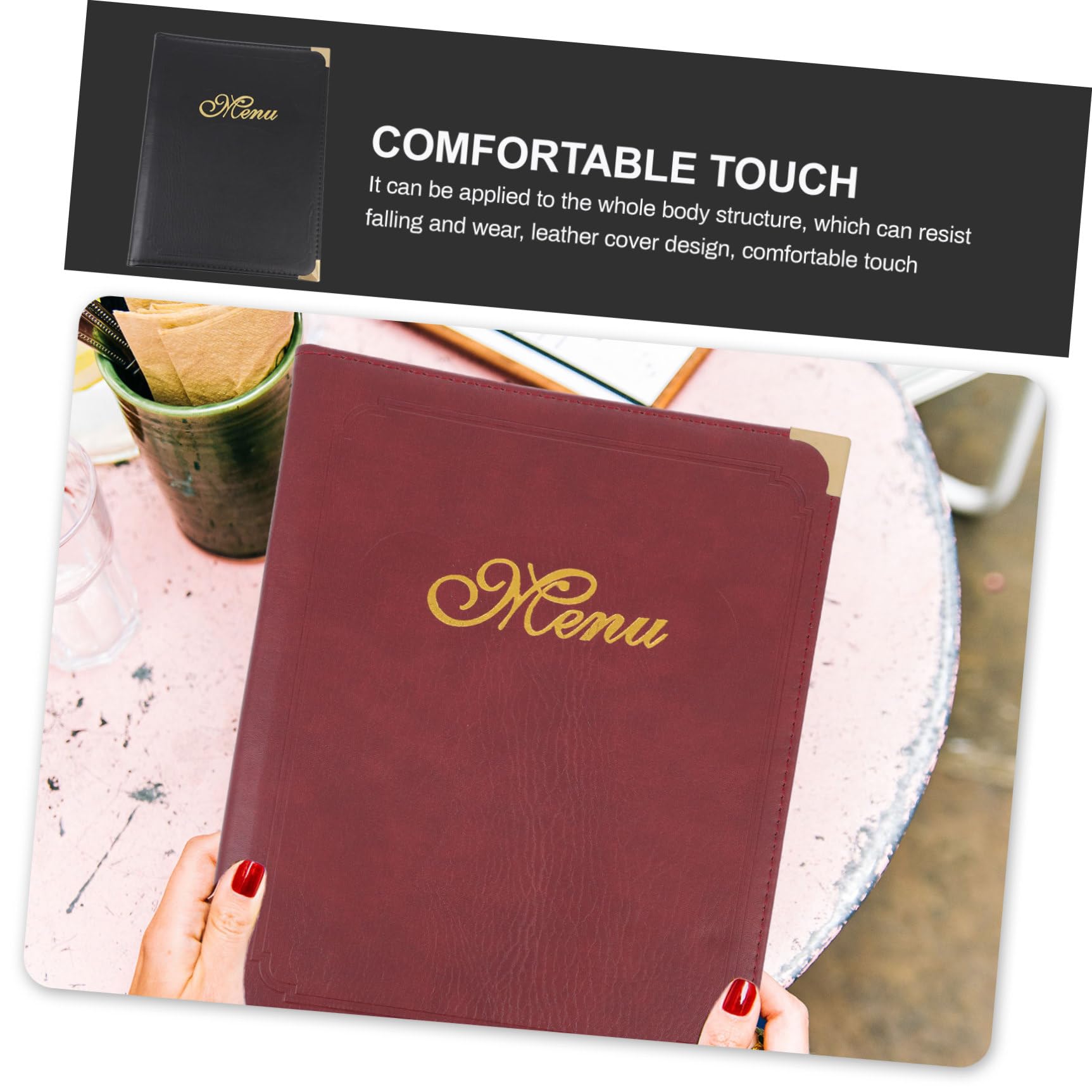 Carpeta de Menú de Restaurante A4 en Piel Sintética Burdeos, Soporte Transparente para Exhibición de Precios y Pedidos, Libro de Menú Práctico para Bar y Comedor Profesional