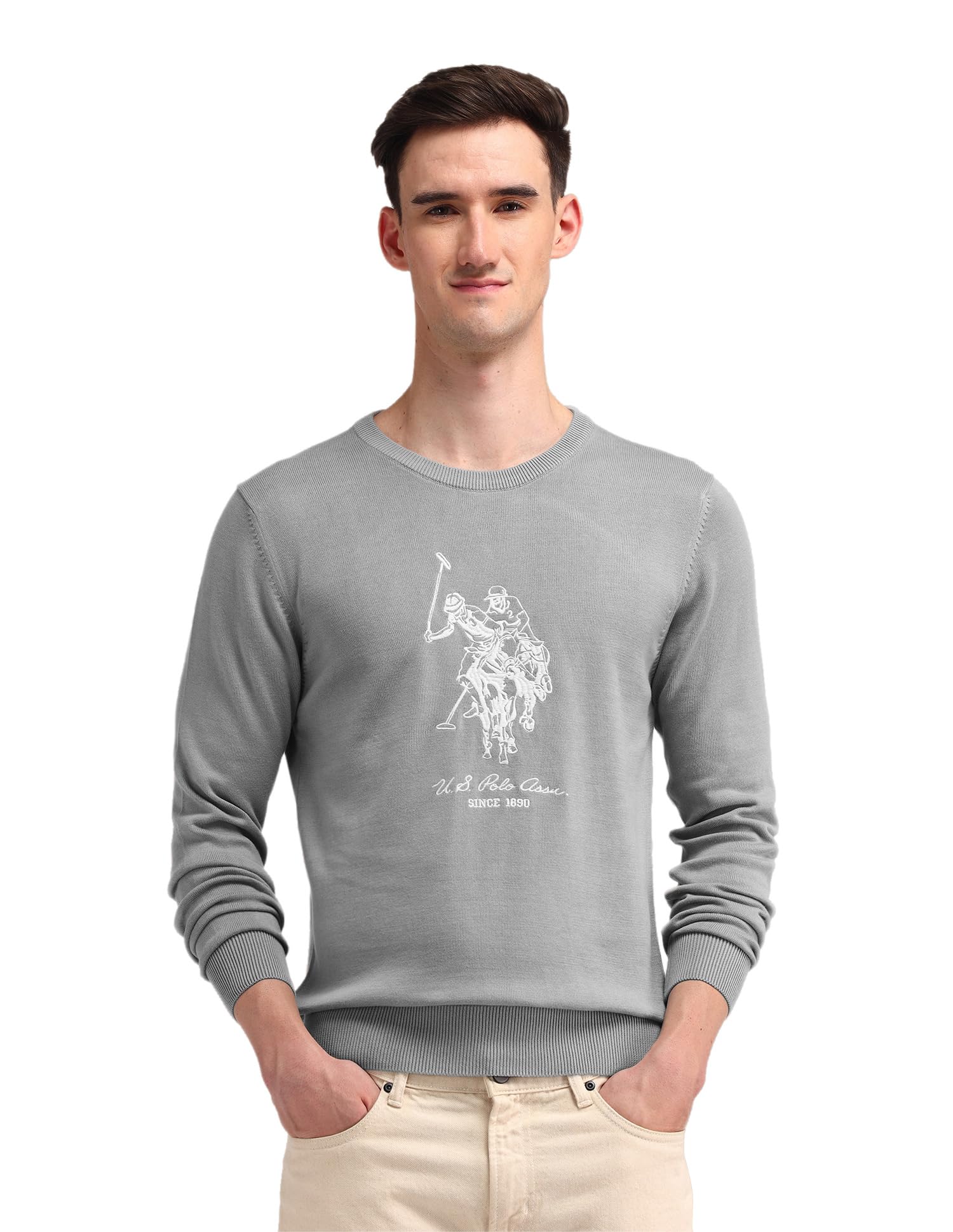 u.s. polo assn. Mens Grey Brand Logo Crew Neck Long Sleeve Casual Cotton Regular Fit Sweater-picture-13