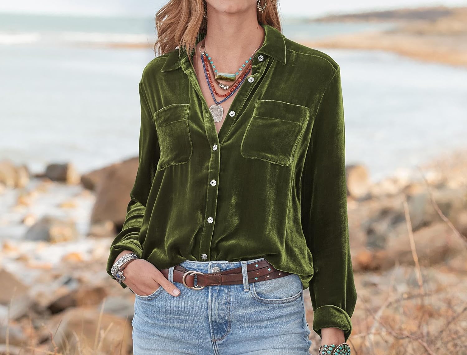 R.Vivimos Womens Winter Velvet Long Sleeve Button Down Casual Tops Shirts - Image 3