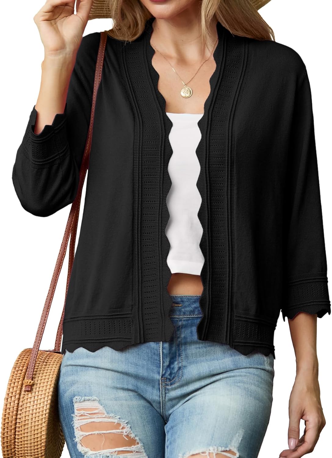 GRECERELLE Women Lightweight Summer Cardigan 3/4 Sleeve Open Front Scalloped Trim Knit Sweater Soft Cropped Bolero Shrug - Image 2
