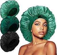 Vista 18 de 3 gorros para dormir, gorro de seda extra satinado para mujeres que duermen con banda de amarre para cabello rizado, trenzas de capó jumbo