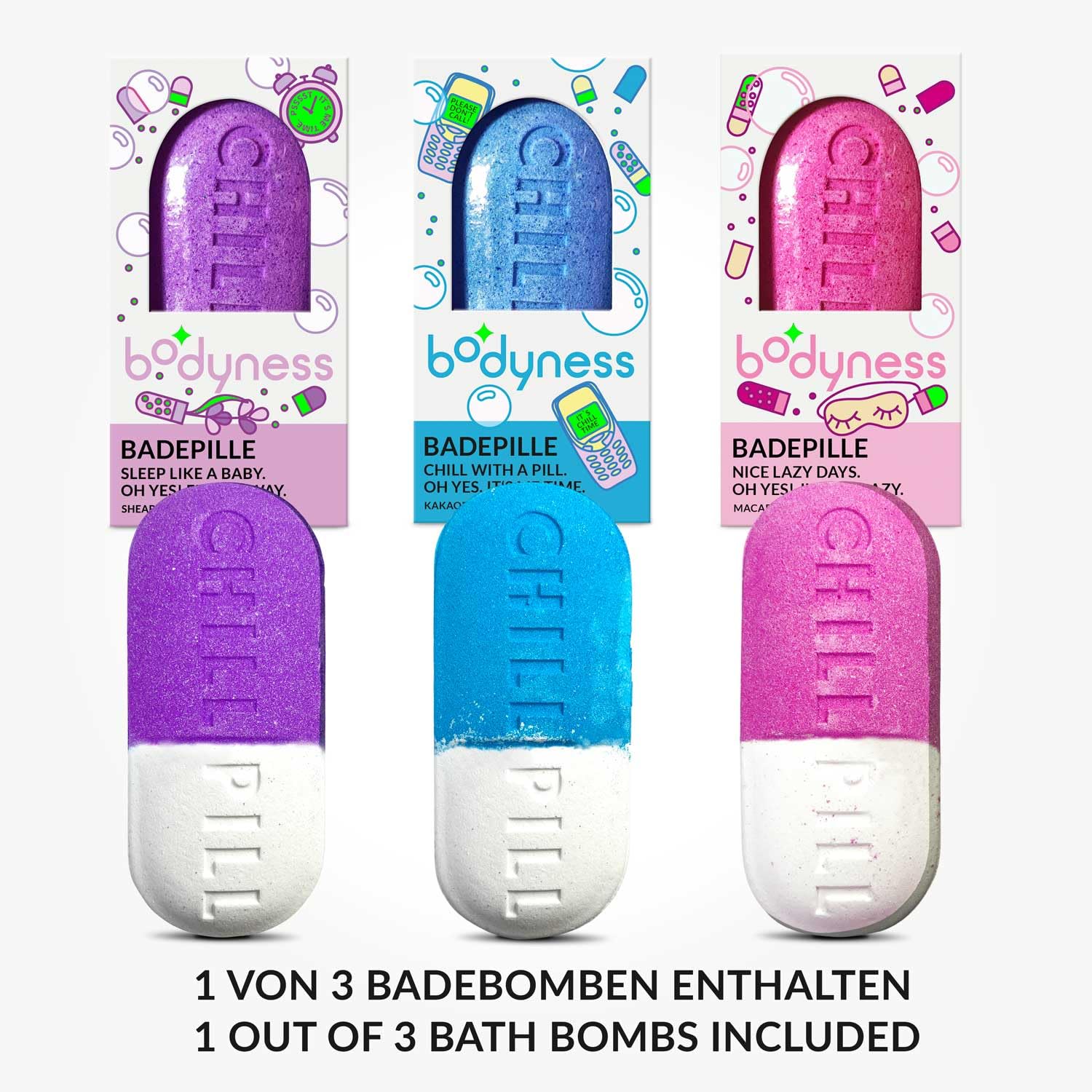 CRAZE Bodyness Bath Bomb Chill Pill – kula do kąpieli w kształcie tabletek, kula do kąpieli do pielęgnacji skóry i relaksu z aromatem, 70 g