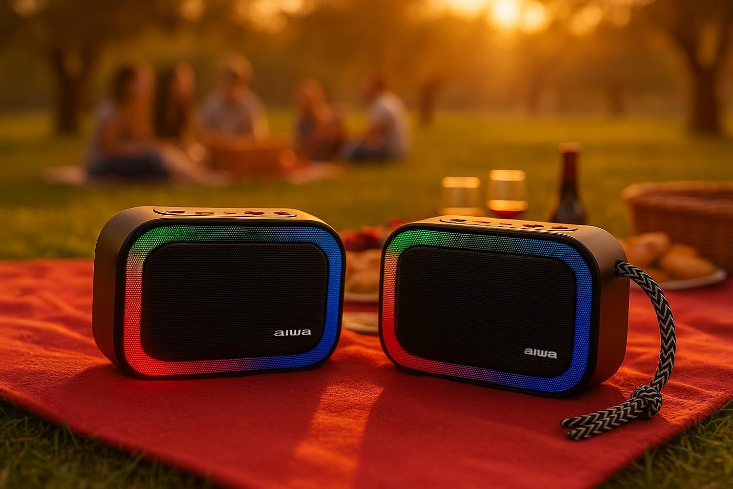 Two Aiwa BST-130RD speakers paired together in a picnic setting