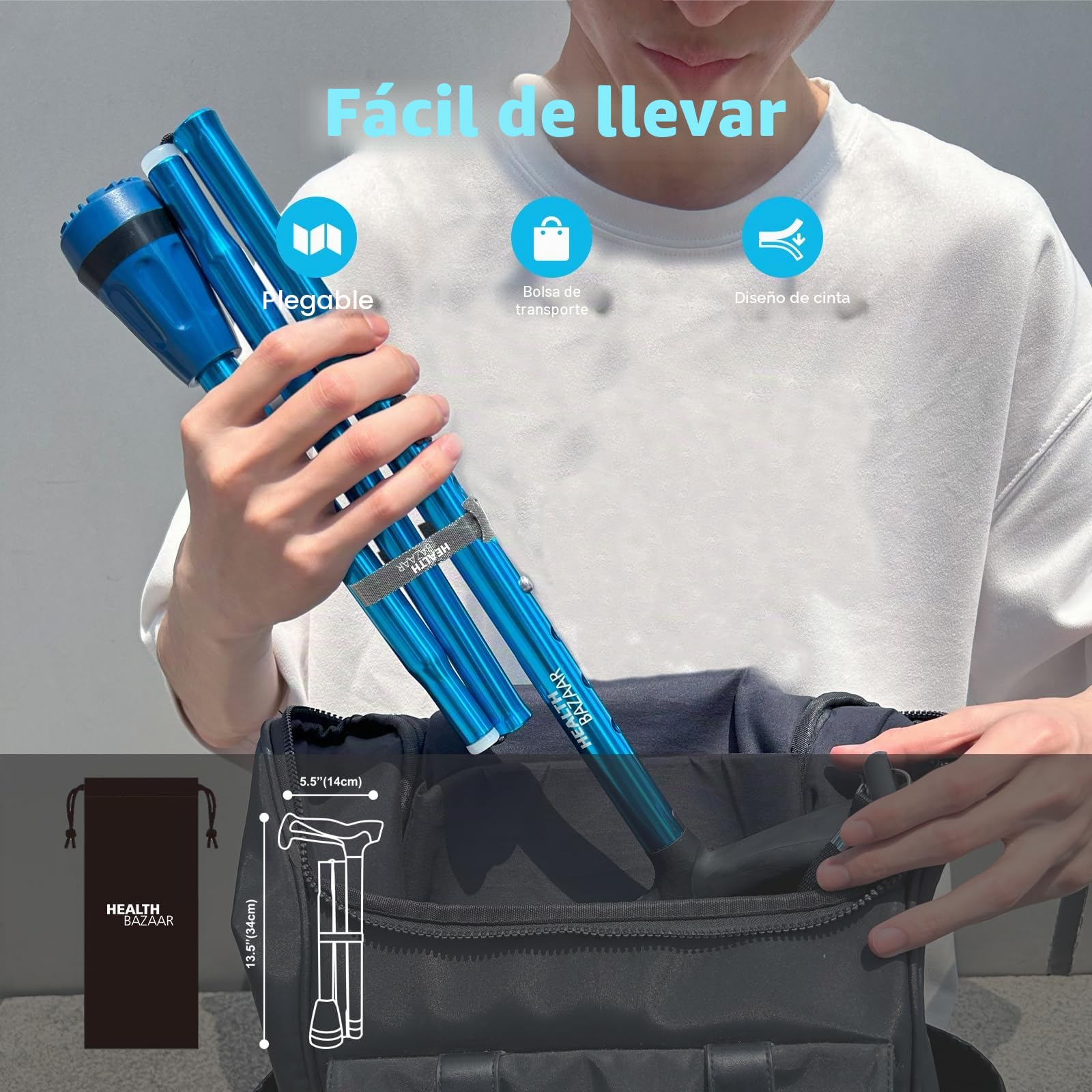 HealthBazaar Bastón de Marcha Todo Terreno, Bastones Plegables para Hombres y Mujeres, Ligero, Ajustable, con amortiguación, para Personas Mayores y Adultos