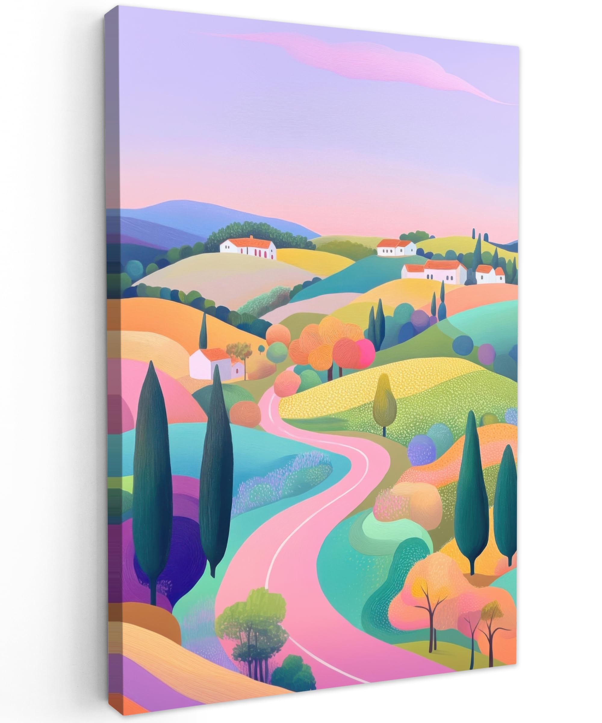 MuchoWow© Canvas Wall Art 31"x47" / 80x120 cm Decor Paintings Print framed on Canvas Pictures for Hallway Landscape - Violet - Pastel - Houses — image 1
