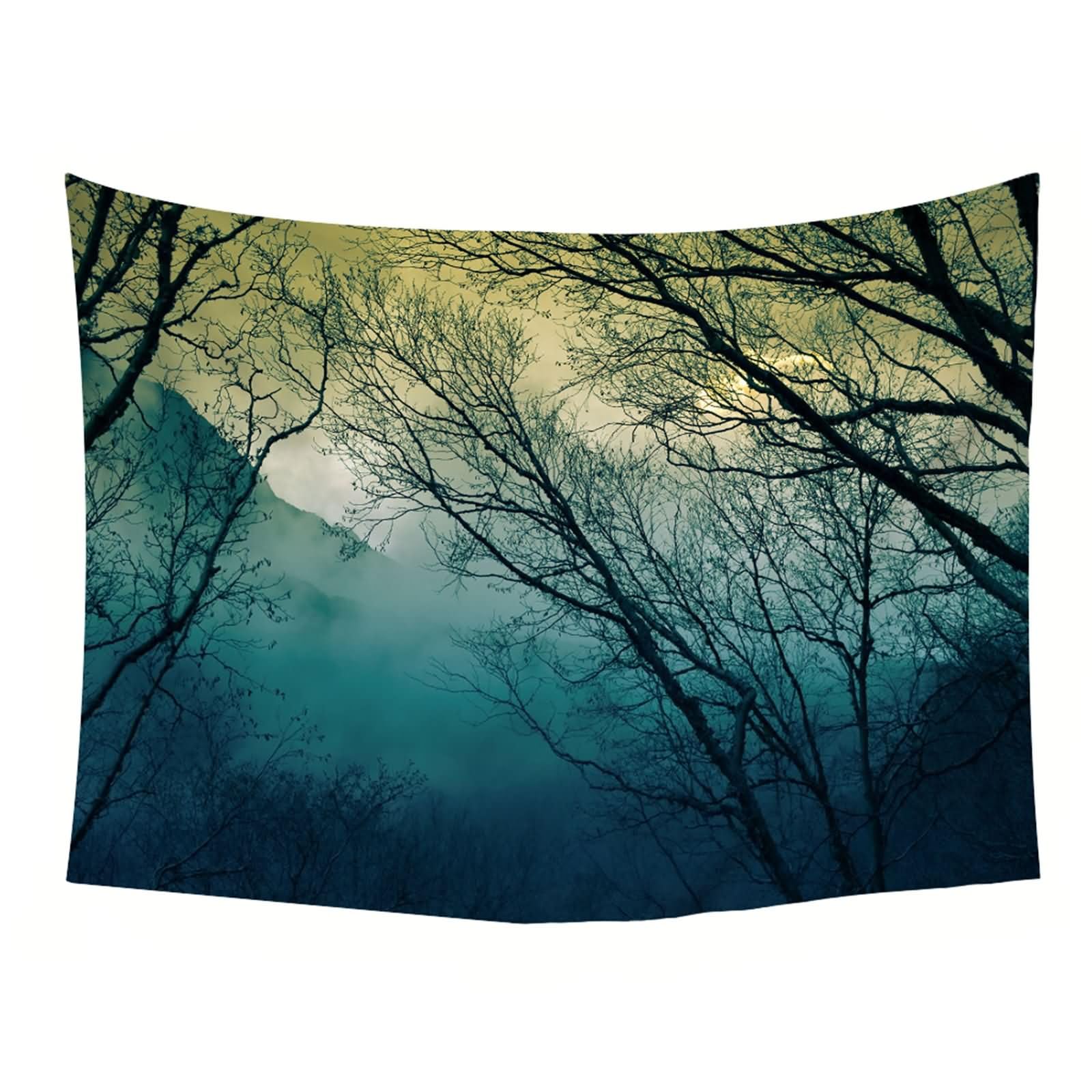 Homxi Tappeto da Parete Decorazione per Cameretta 200 W x 200 H CM, Paesaggio di Boschi Nebbiosi, Arazzo da Salotto Poliestere, Grigio Verde