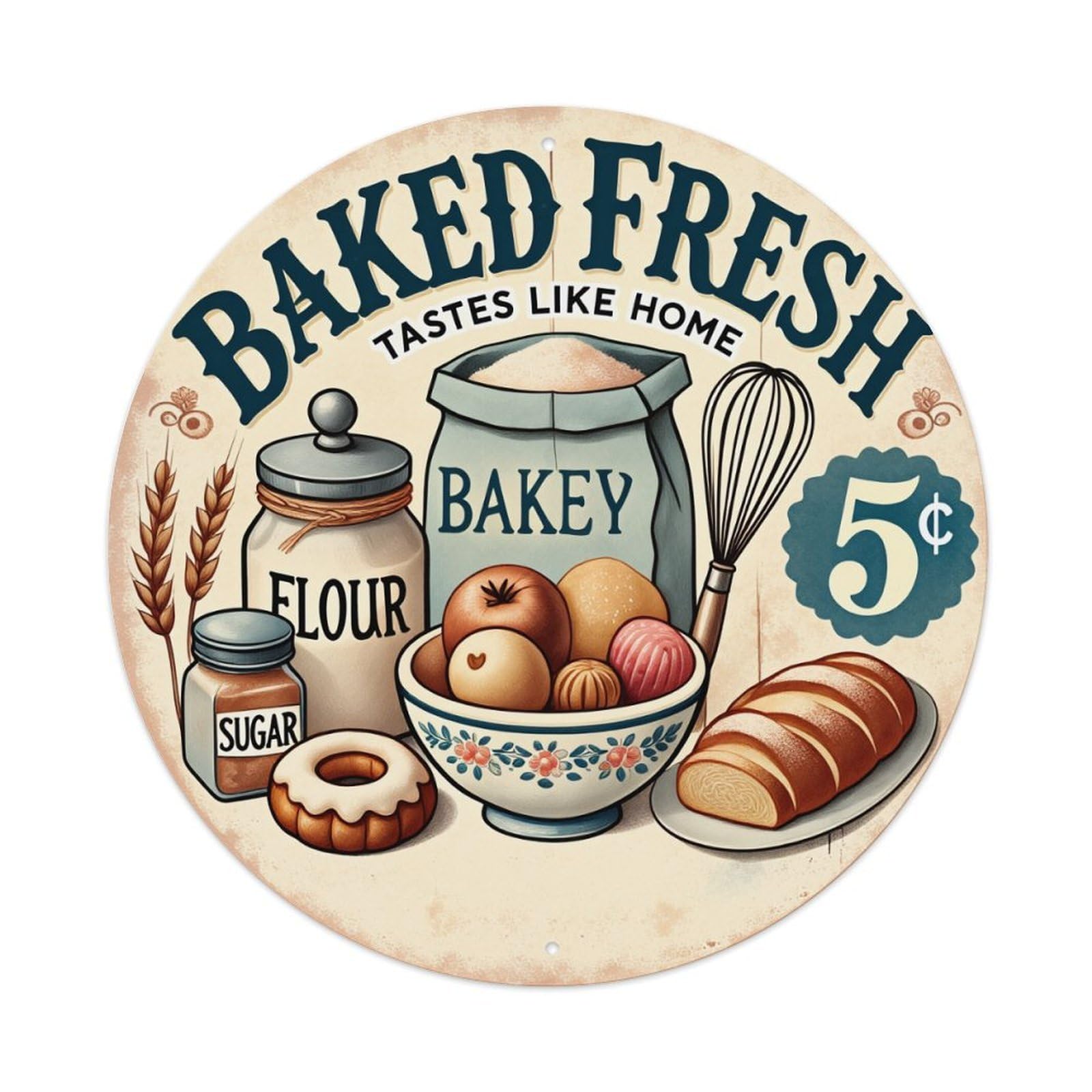 Baked Fresh Bakery Sign Pattern Round Tin Sign Vintage Metal Poster, Home Bar Garage Man Cave Cafe Indoor & Outdoor Wall Decoration 8x8Inches