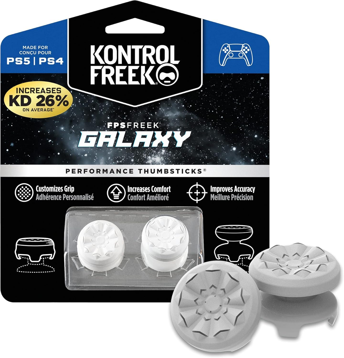 KontrolFreek FPS Freek Galaxie Blanc pour Manette PlayStation 4 (PS4) et PlayStation 5 (PS5) | Manettes de Performance | 1 Haute, 1 Milieu | Blanc