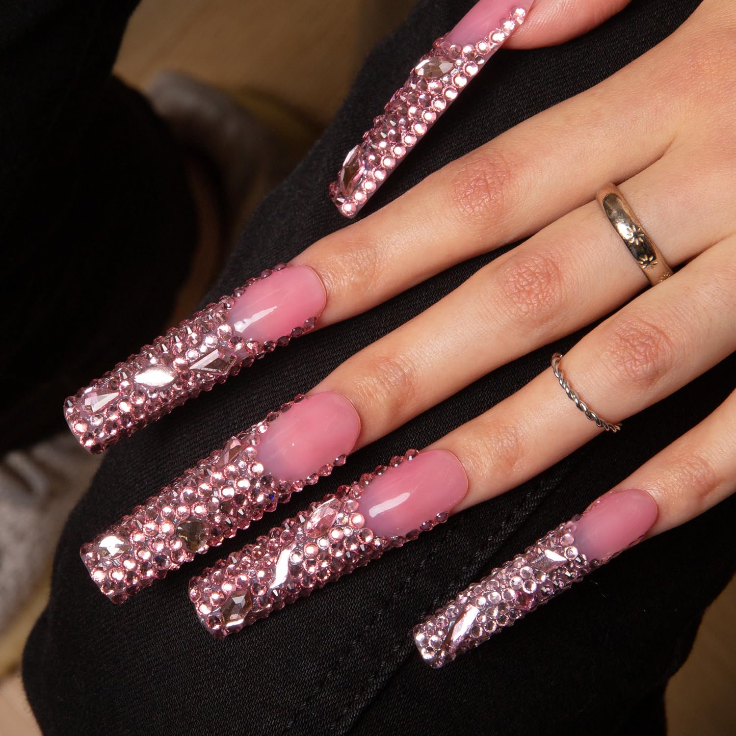LOVFUL Press on Nails Pink French Tip Rhinestone | Handmade with Full Covered Crystals | Reusable Fake Nails | Square Long 2.2 in | H27-S