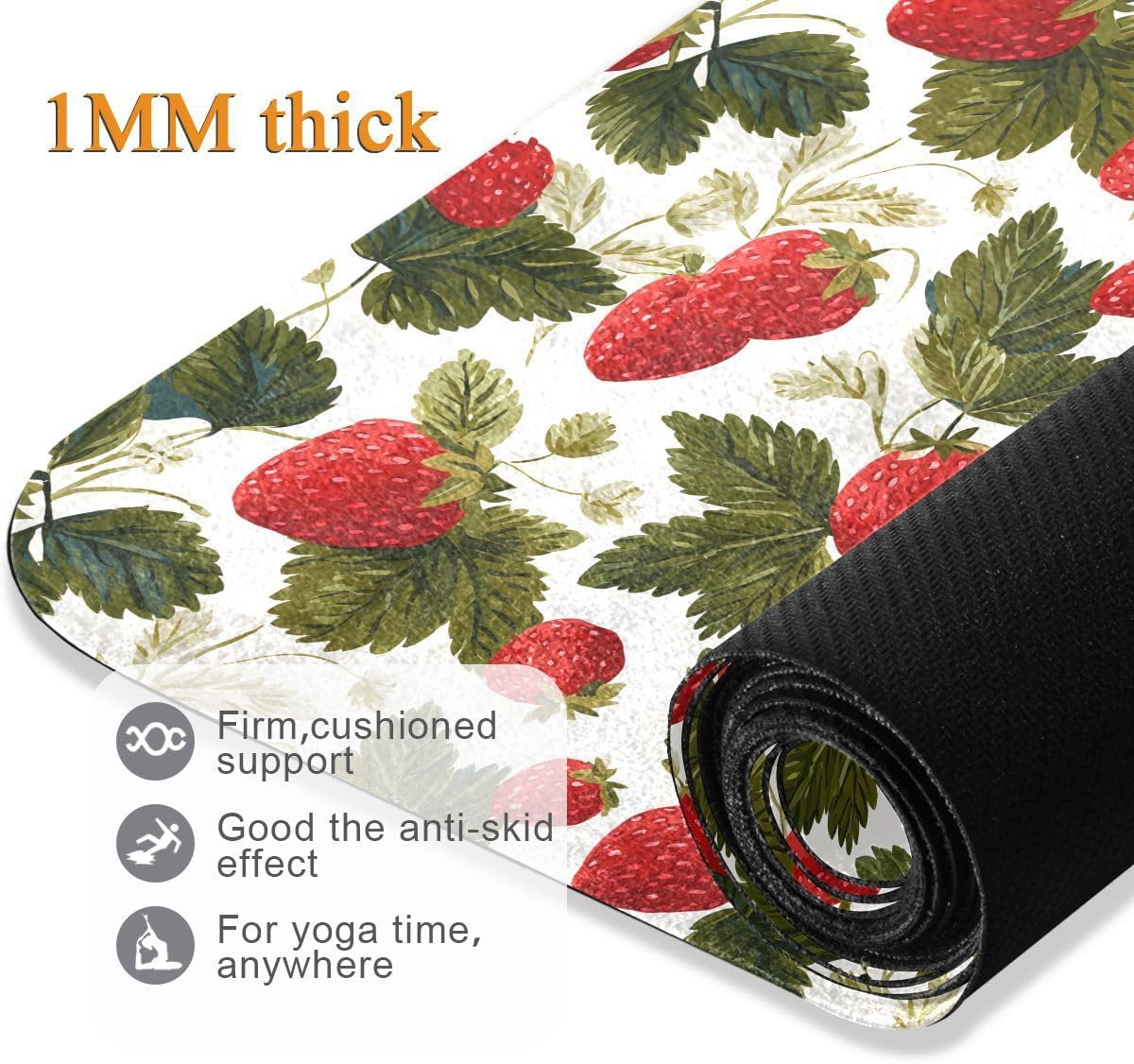 ALAZA Strawberry Leaves Pattern Yoga Mat Non Slip Fitness Exercise Mat, Workout Mat for Yoga, Pilates and Floor Exercises