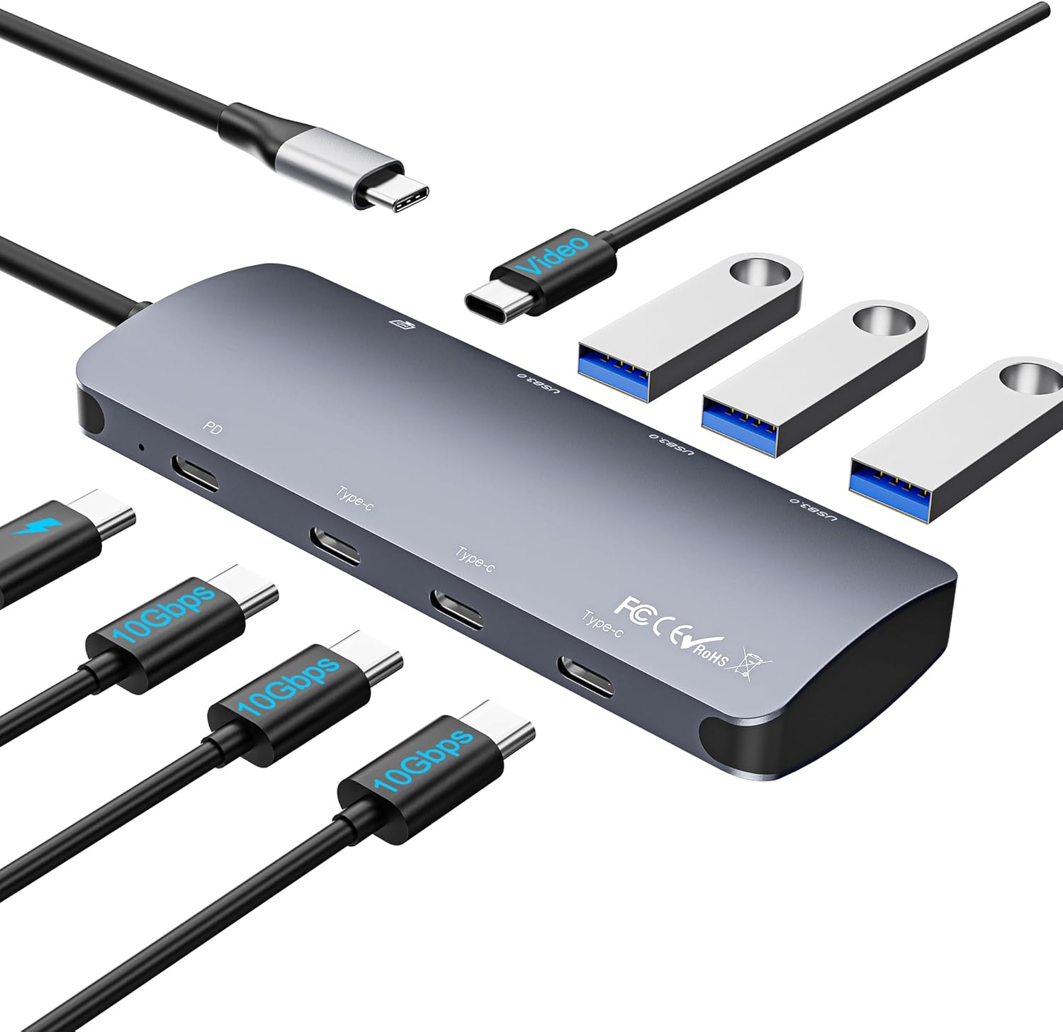 USB C Hub 10Gbps, USB C Splitter with 4K@60Hz Video Display, 100W Power Delivery Charging, USB4 Hub Multiport Adapter with 10Gbps Data Transfer for MacBook Pro/Air, iPad Pro, Mac mini and More