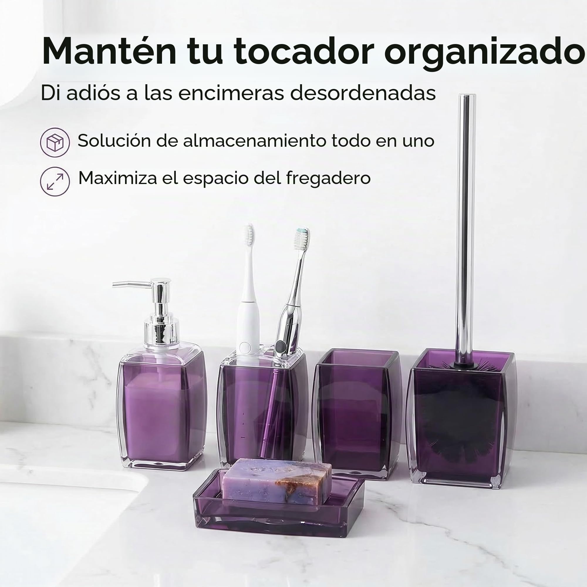 Juego completo de 5 accesorios de baño de resina púrpura/acrílico, dispensador de loción/jabón, jabonera, soporte para cepillo de dientes, vaso, cepillo de inodoro y soporte, decoración moderna