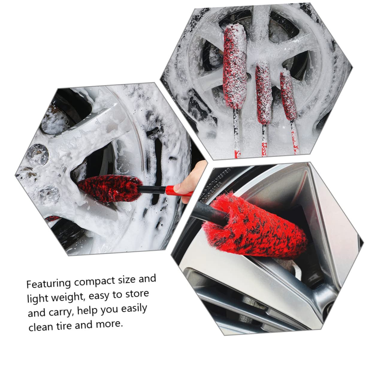Set 3 Pezzi Spazzola Ruote Auto in Fibra e Pom per Pneumatici | Manico Ergonomico, Leggero e Pratico, Kit Pulizia Auto per Lavorare Maggiore Efficienza