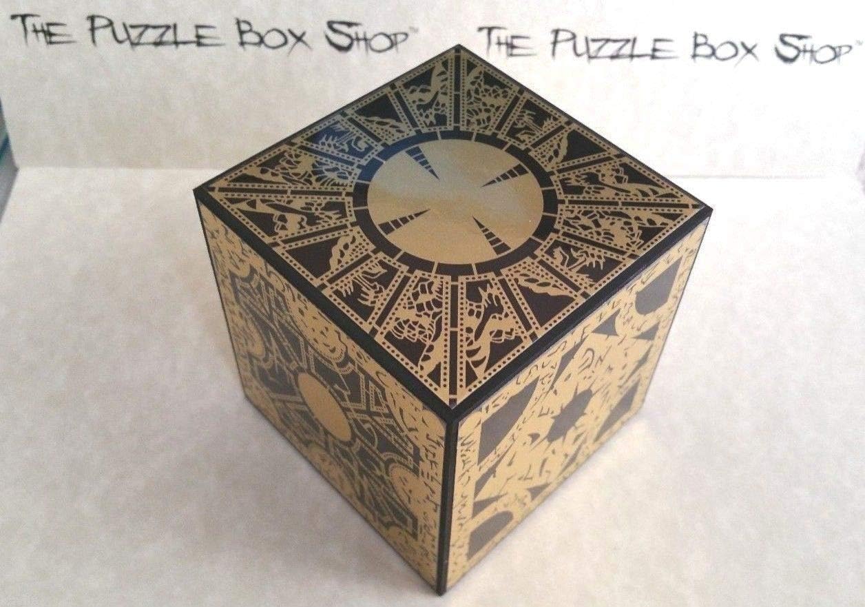 Solid Wood Hellraiser Puzzle Box Cube with Foil Face Designs Full Size Non Working Lament Configuration Pinhead Halloween Prop