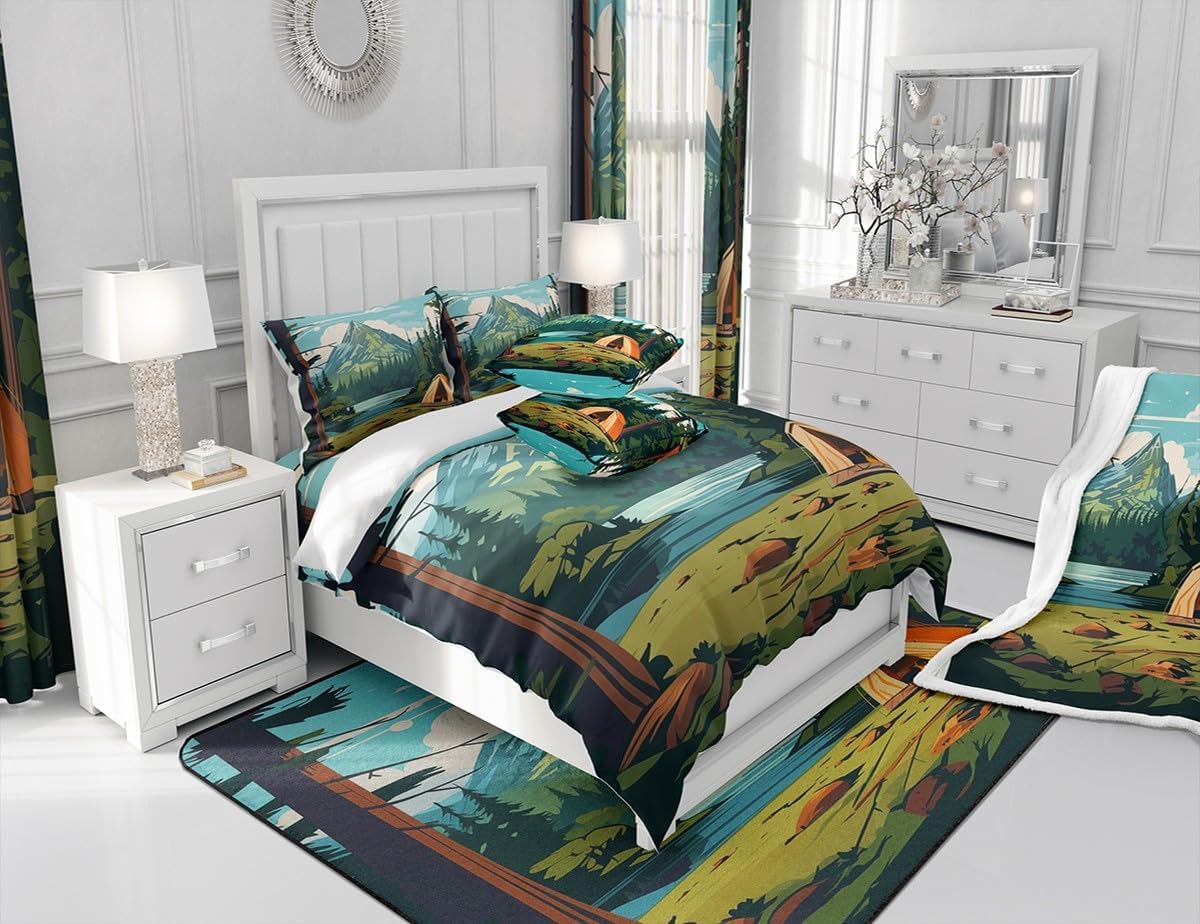 Feelyou Boys Girls Camper Area Rug 5x7, Happy Camping Kids Rugs for Living Room Bedroom Nature Theme Decorative Carpet Mountain Teens Indoor Floor Mat Accent Rug