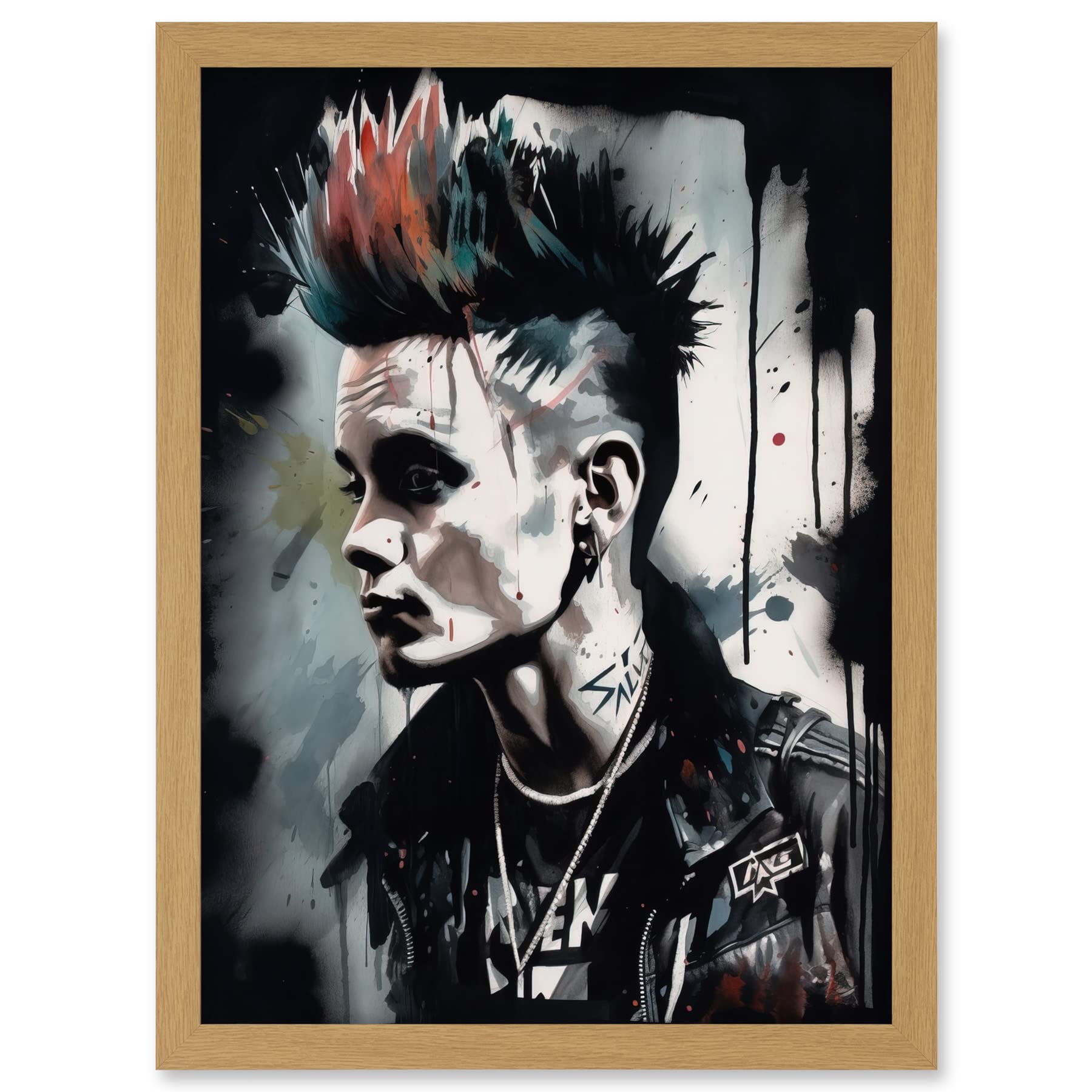 Artery8 Punk Rock Music Fashion Young Man with a Mohawk Modern Watercolour Painting Artwork Framed A3 Wall Art Print