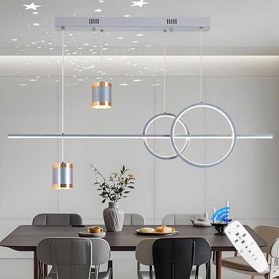 Qiaomao Moderne LED Hanglamp Dimbaar Eetkamer Lamp met Afstandsbediening 49W Eettafel Kroonluchter Licht 120cm Hoogte Verstelbaar Hanglampen Ster Plafond LED Kroonluchter voor Keukenlamp,Grijs