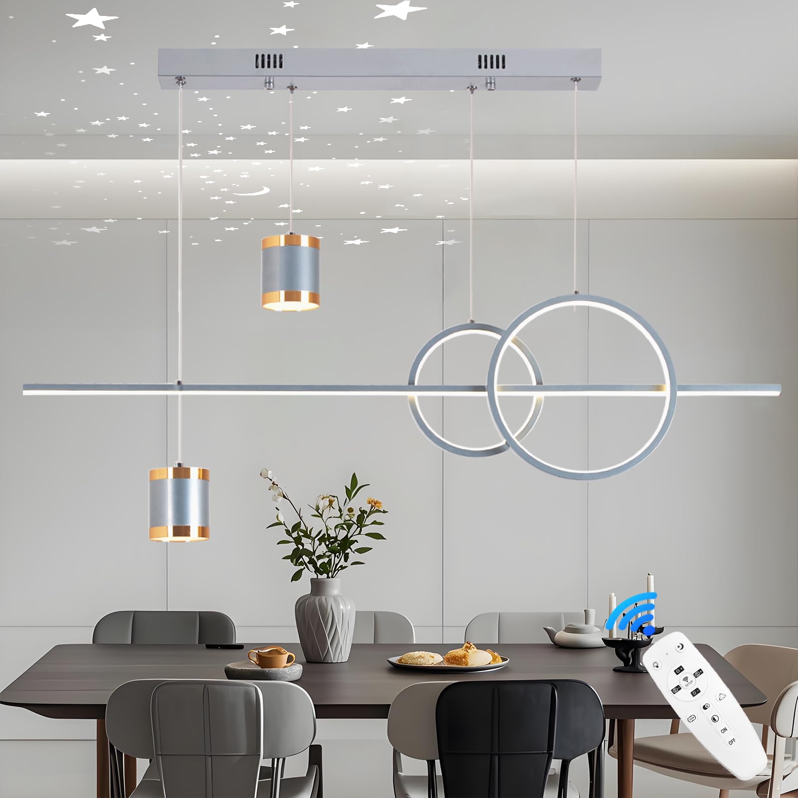 Qiaomao LED Pendelleuchte Esstisch Hängelampe Wohnzimmer Modern 49W Sternenhimmel Konvergiert Kronleuchter Dimmbare Hängeleuchte mit Fernbedienung Esszimmerlampe 120cm Höhenverstellbar,Grau
