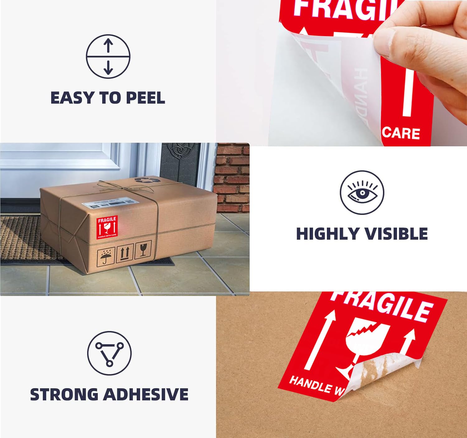 Fragile Stickers – Autocollants d'avertissement pour expédition avec poignée fragile avec soin – Adhésif puissant – Étiquettes fragiles d'emballage – 102 étiquettes adhésives permanentes par rouleau