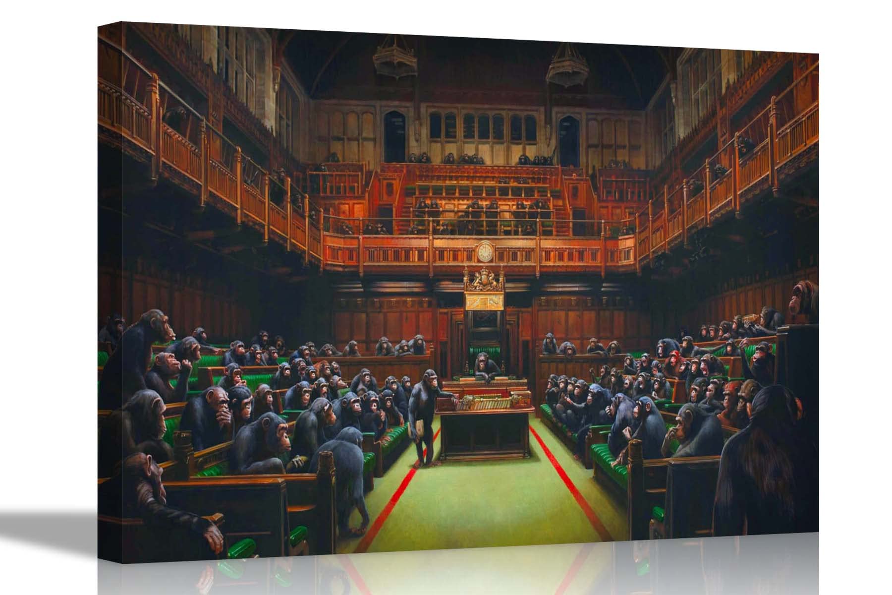 Artley Prints Multicoloured Devolved Parliament By Banksy Canvas Wall Art Prints Funny Pictures Hanging Graffiti Art Home Bedroom 76 X 50Cm (30 X 20 Inches)