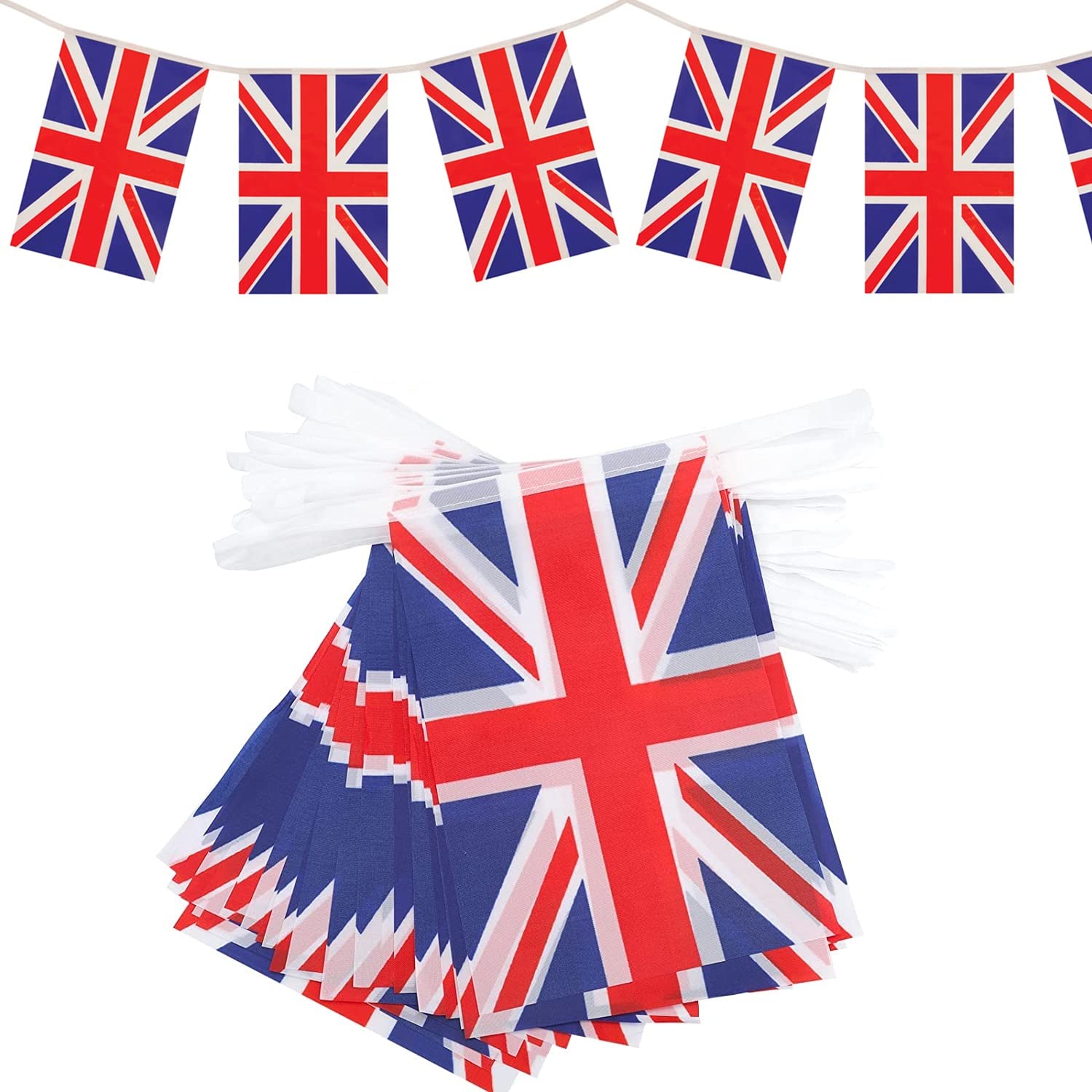 10m/33ft Reusable Union Jack Bunting with 30 Fabric Flags King Charles Coronation Banner for Sporting Royal Events Pub Office BBQ Street Party Support