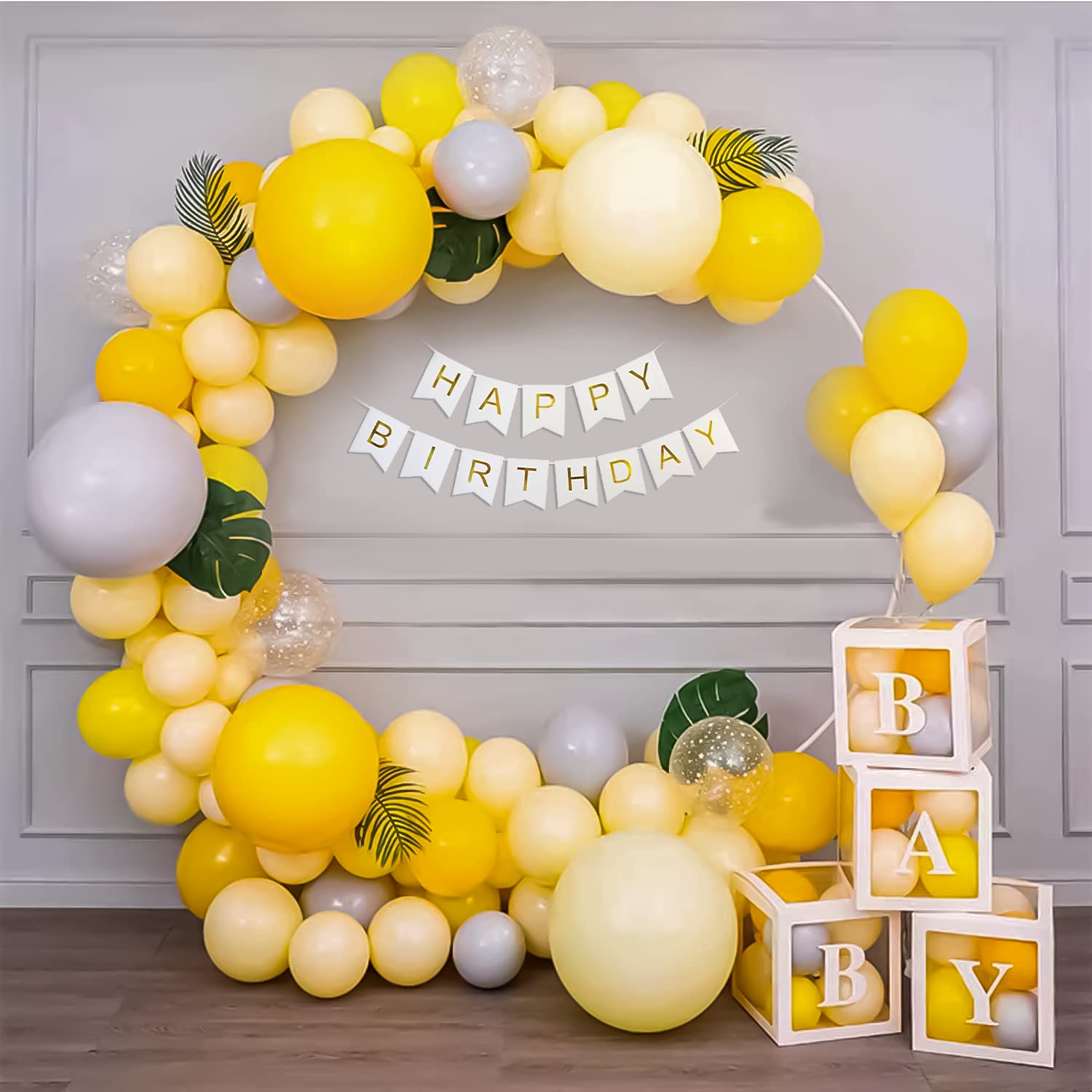 Specialyou.In Pastel Theme Happy Birthday Decoration Items Combo Kit|Artificial Leaves|Yellow & Grey Pastel Balloons|Confetti Balloons Birthday Decoration Kids Pack-57 Items - Rubber,57 Pcs