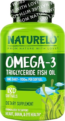 NATURELO Suplemento de aceite de pescado omega 3 sin eructos, 1100 mg de triglicéridos omega-3, EPA + DHA, para corazón, ojos, cerebro, salud de las