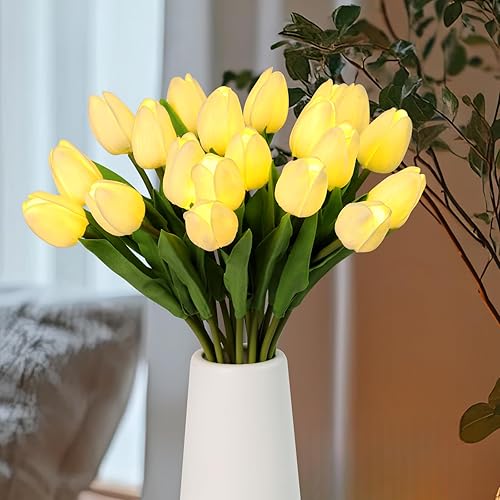 Pre-Lit 20pcs LED Lighted Fake Flowers Artificial Tulips Real Touch