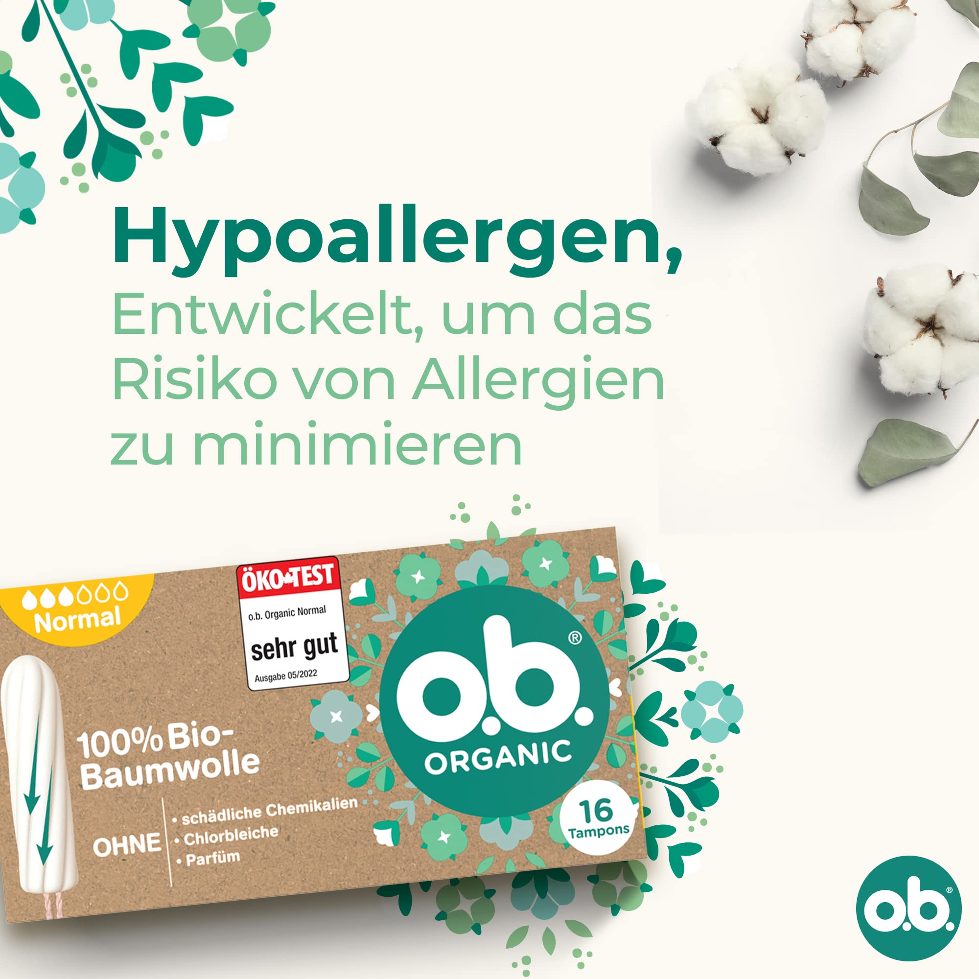 o.b. Organic Normal (16 sztuk), tampony ze 100% bawełny ekologicznej z łukowatymi rowkami na średnie/mocniejsze dni, zapewniają niezawodną i naturalną ochronę podczas okresu