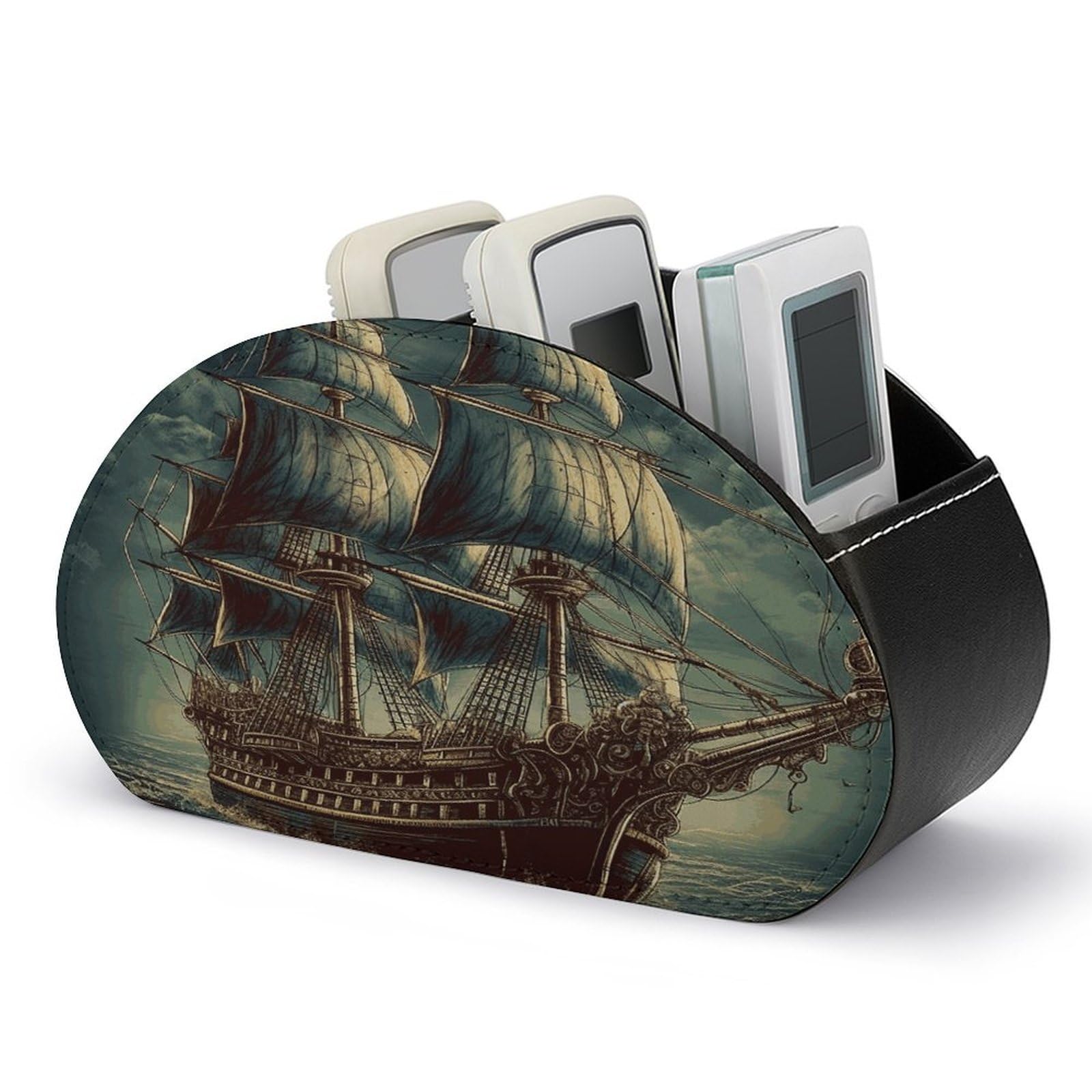 VstaDank Nautical Vintage Sailing Pirate Ship Remote Control Holder with 5 Compartments PU Leather TV Remoter Caddy Desktop Organizer TV Remote Holder Remote Box for Media Controllers Office Supplies