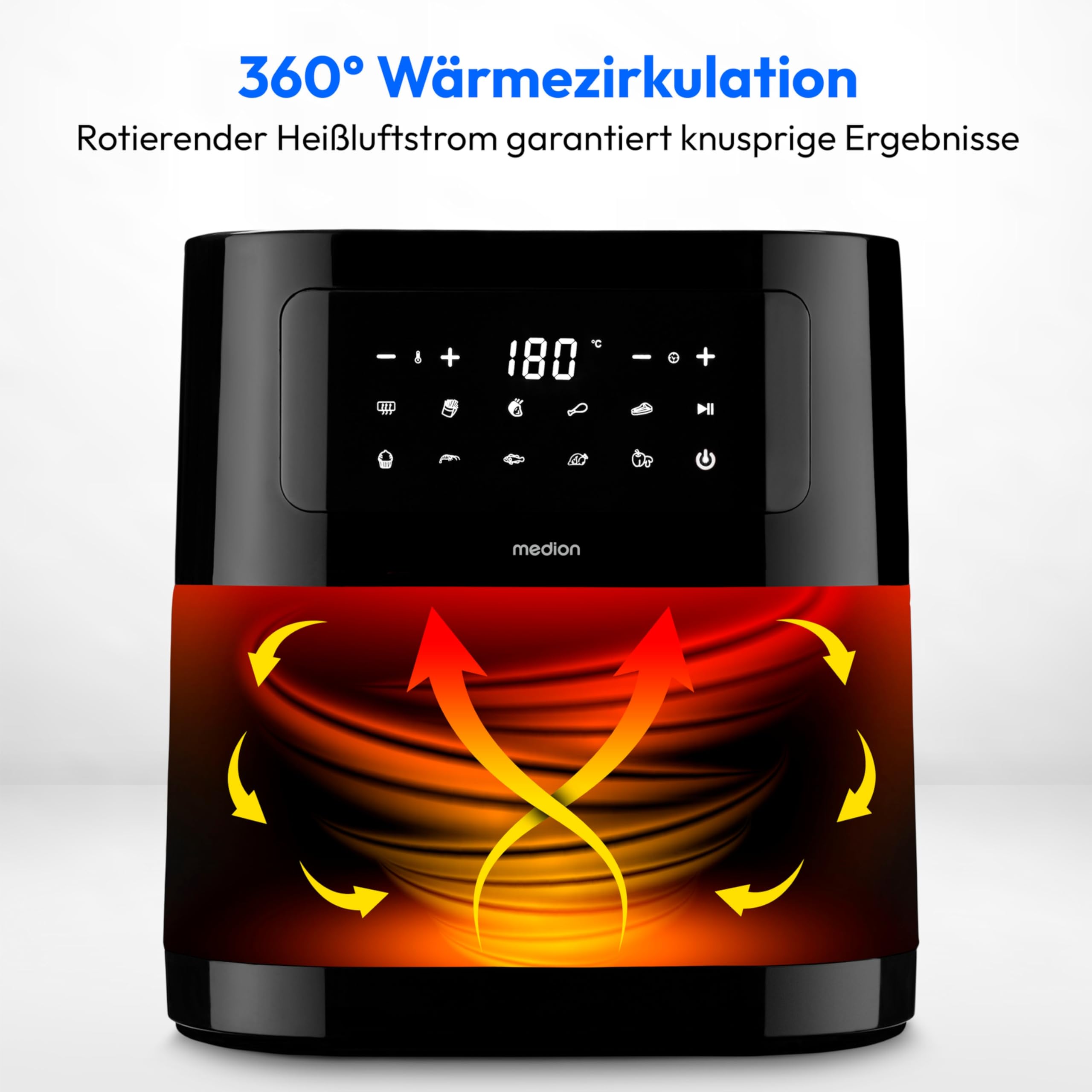 MEDION E40 XL Heißluftfritteuse (5,2 Liter, Airfryer, 2.150 Watt, 9 Automatikprogramme, Backfunktion, ölfreies Frittieren, Touch Bedienfeld, LED Anzeige, MD 11740) schwarz