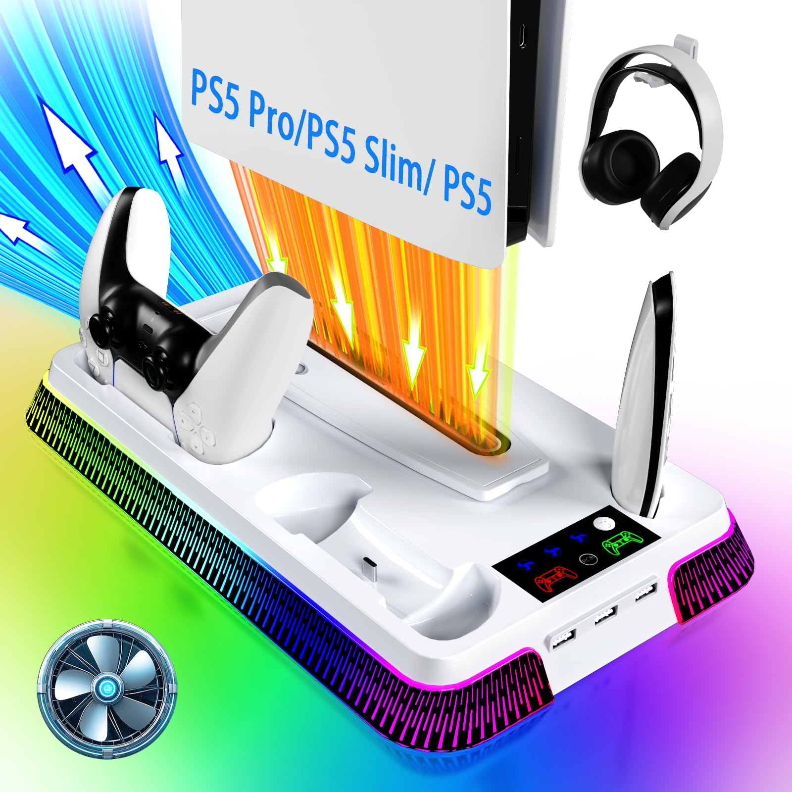 PS5 Stand for PlayStation 5 Console PS5 Cooling Station Charging Station with RGB PS5 Slim Pro Controller Charger