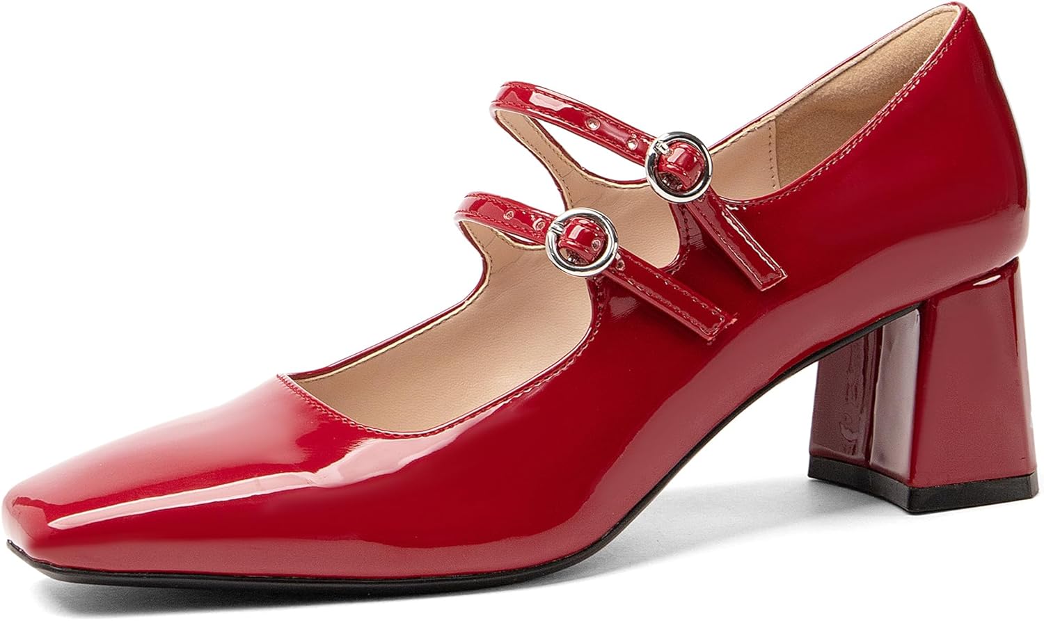 NEWBELLA Women's Mary Jane Pumps - Vintage Patent Leather Dress Shoes with Double Strap, Round Toe & 2" Chunky Heel for Office/Wedding