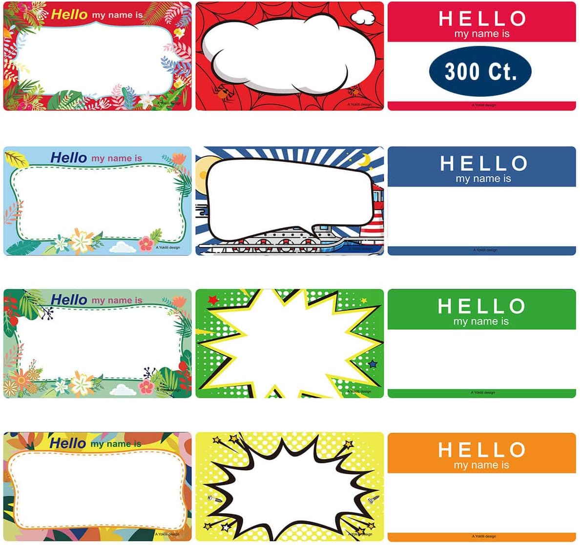 Name Tag Label Stickers, Yoklili Printable Hello My Name is Colorful Plain Name Badge Tags, Print or Write, 3 1/2" x 2", 12 Designs in 8.5" x 11" Sheet, 300 Self Adhesive Nametags
