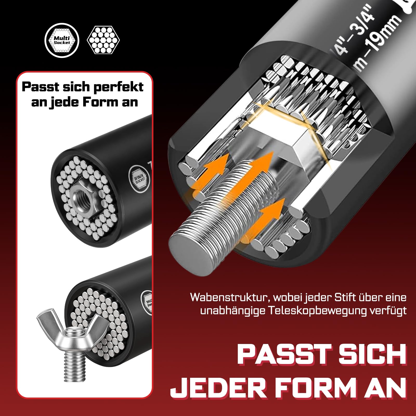 GEINXURN 6-teiliges Universal Steckschlüssel Set, 3 Universal Multi Cr-v Stecknuss (5-14 mm, 7-19 mm, 11-32 mm), 3 Sechskant Adapter (1/4", 3/8", 1/2") für Schrauben, Muttern & Bolzen