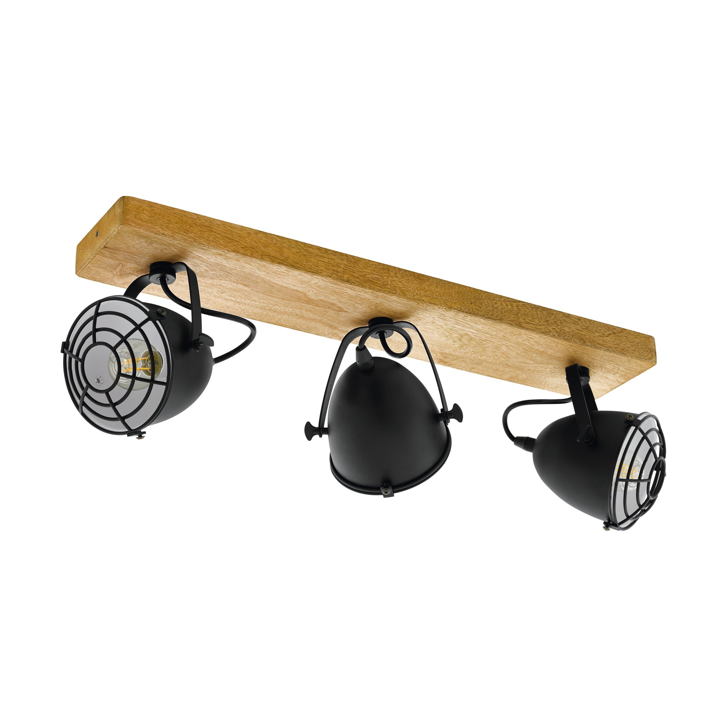 Eglo Black Gatebeck Triple Spotlight With Wooden Base And Steel Caged