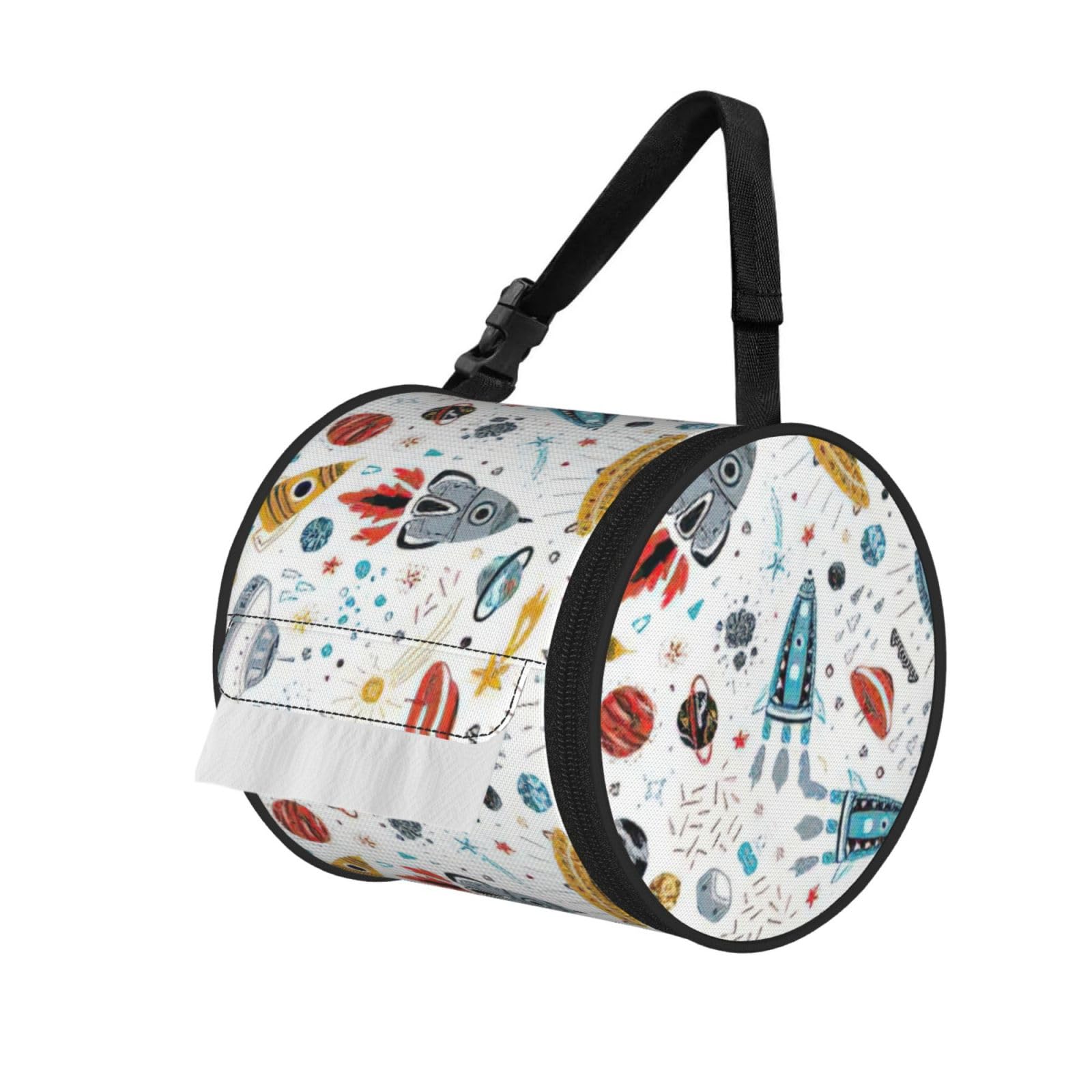 Cartoon Rockets Printed Toilet Paper Holder Bag, Adjustable Strap Roll Paper Organizer for Car Kitchen Outdoor