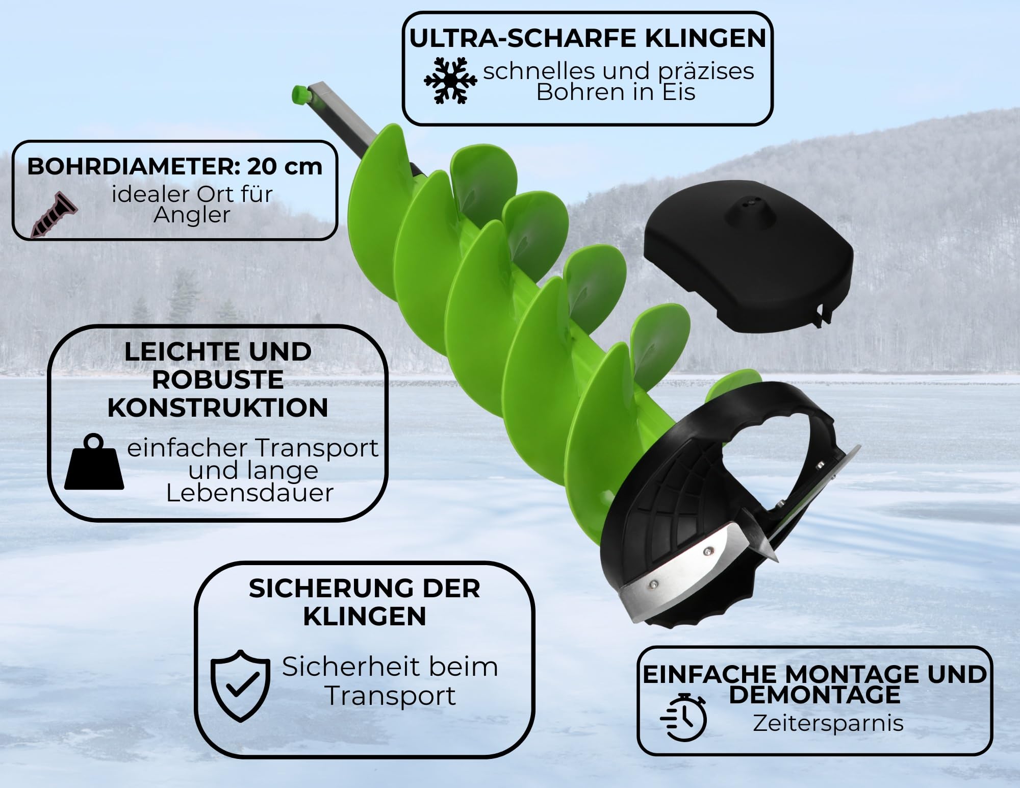 WERHE Eisbohrer – 200 × 800 mm – schnelles Bohren für Eisangeln – Hartmetallklingen, HEX-Adapter 10 mm, Klingenschutz – leichte Konstruktion aus Nylon und Aluminium