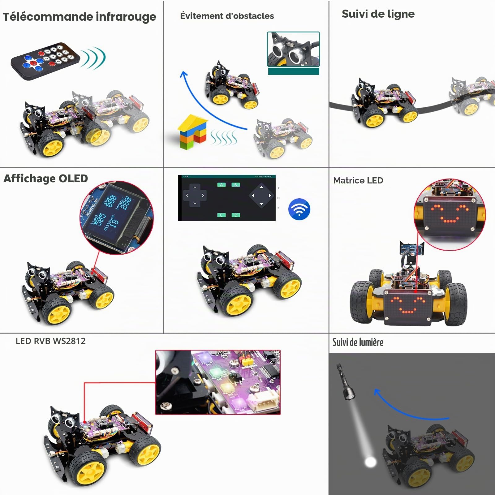 Adeept Kit de Voiture Intelligente 4WD (Compatible avec Arduino IDE), Suivi de Ligne, Suivi de Lumière, Évitement d'Obstacles, Moteur Servo, Écran OLED, Buzzer, Écran à Matrice de Points LED